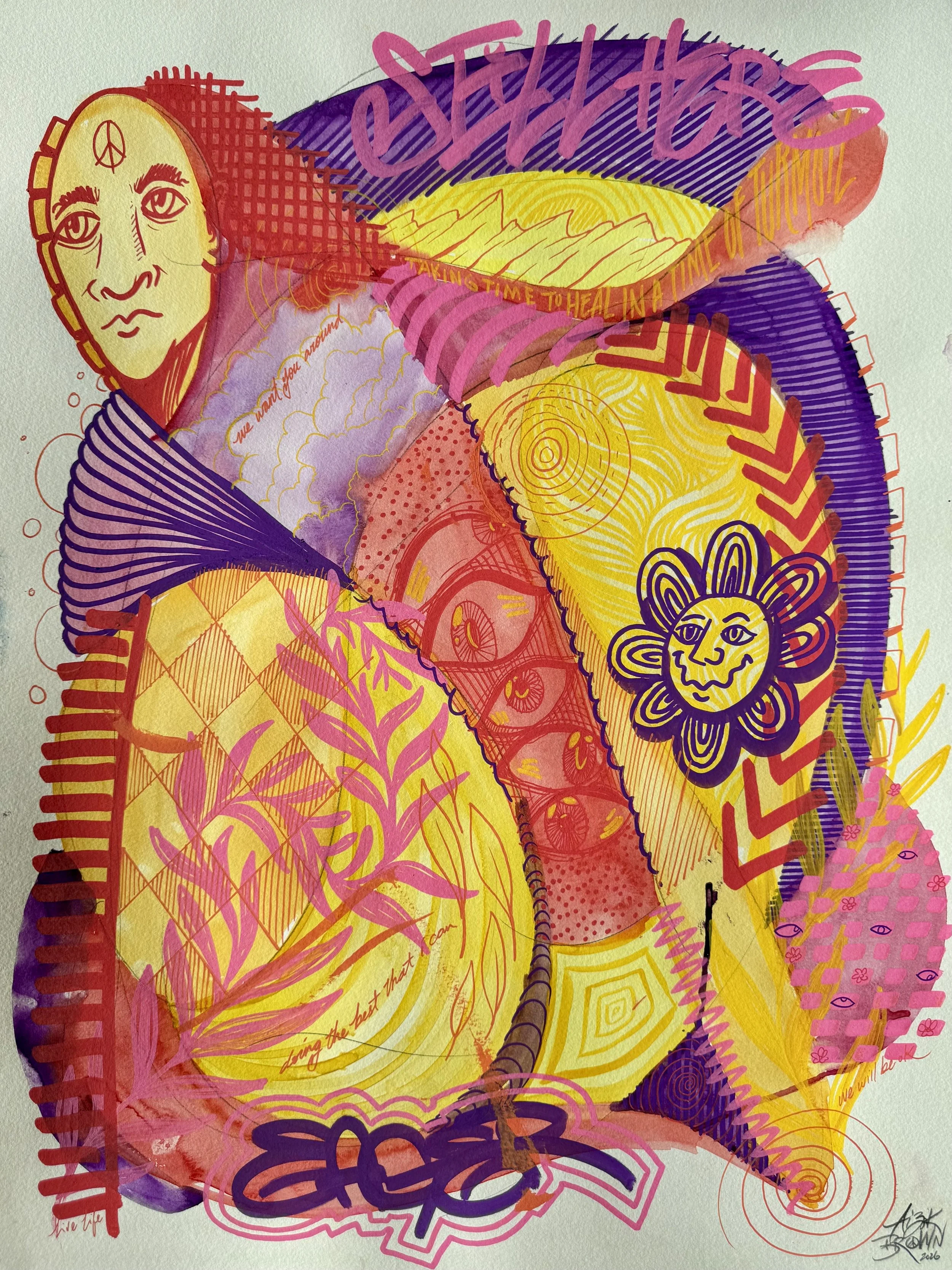 Still Here, Mixed Media on Paper, 18" x 24", 2026