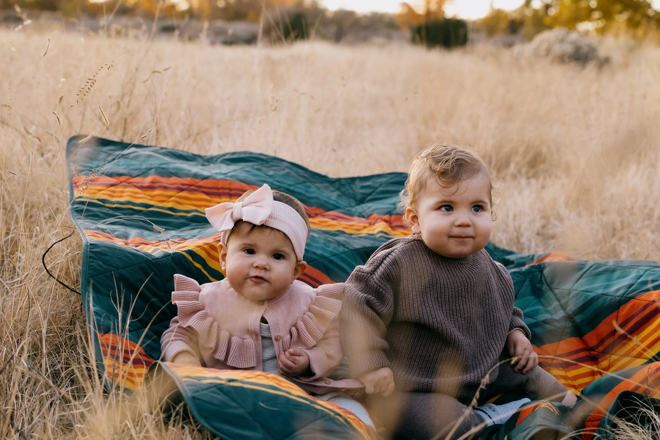 Two young children, a girl and a boy, sitting on a colorful blanket in a field of tall, golden grass during sunset.