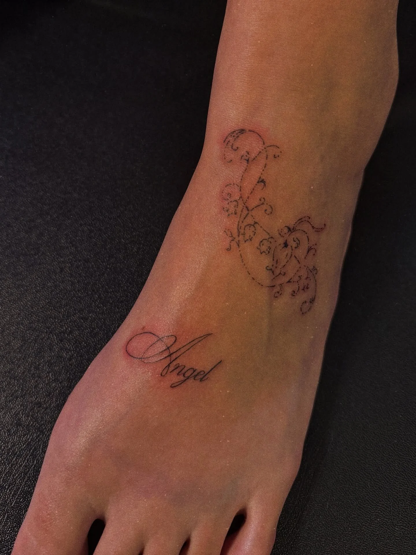 Dainty foot tattoos with script and lily of the valley 🌼
