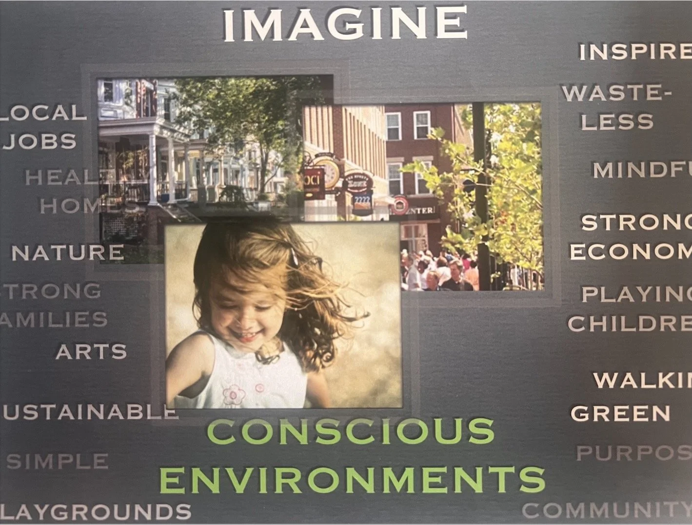 A poster with the words 'IMAGINE' at the top and 'CONSCIOUS ENVIRONMENTS' at the bottom, featuring photos of a lively outdoor street scene, and a smiling young girl with windblown hair.