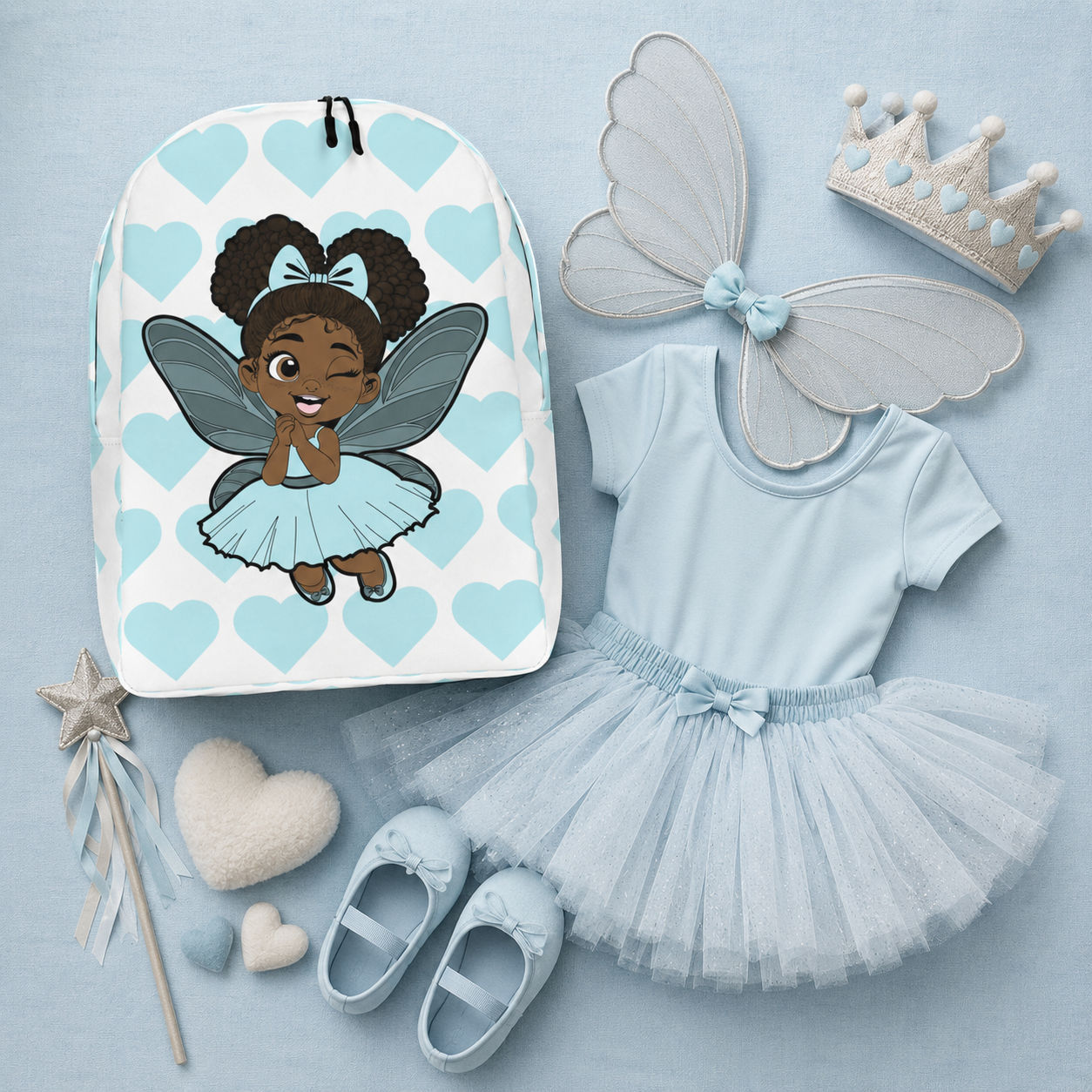 Gleeful Grace Pixie Backpack by Coco Pixies with aqua hearts, afro puffs, wings, and a white background