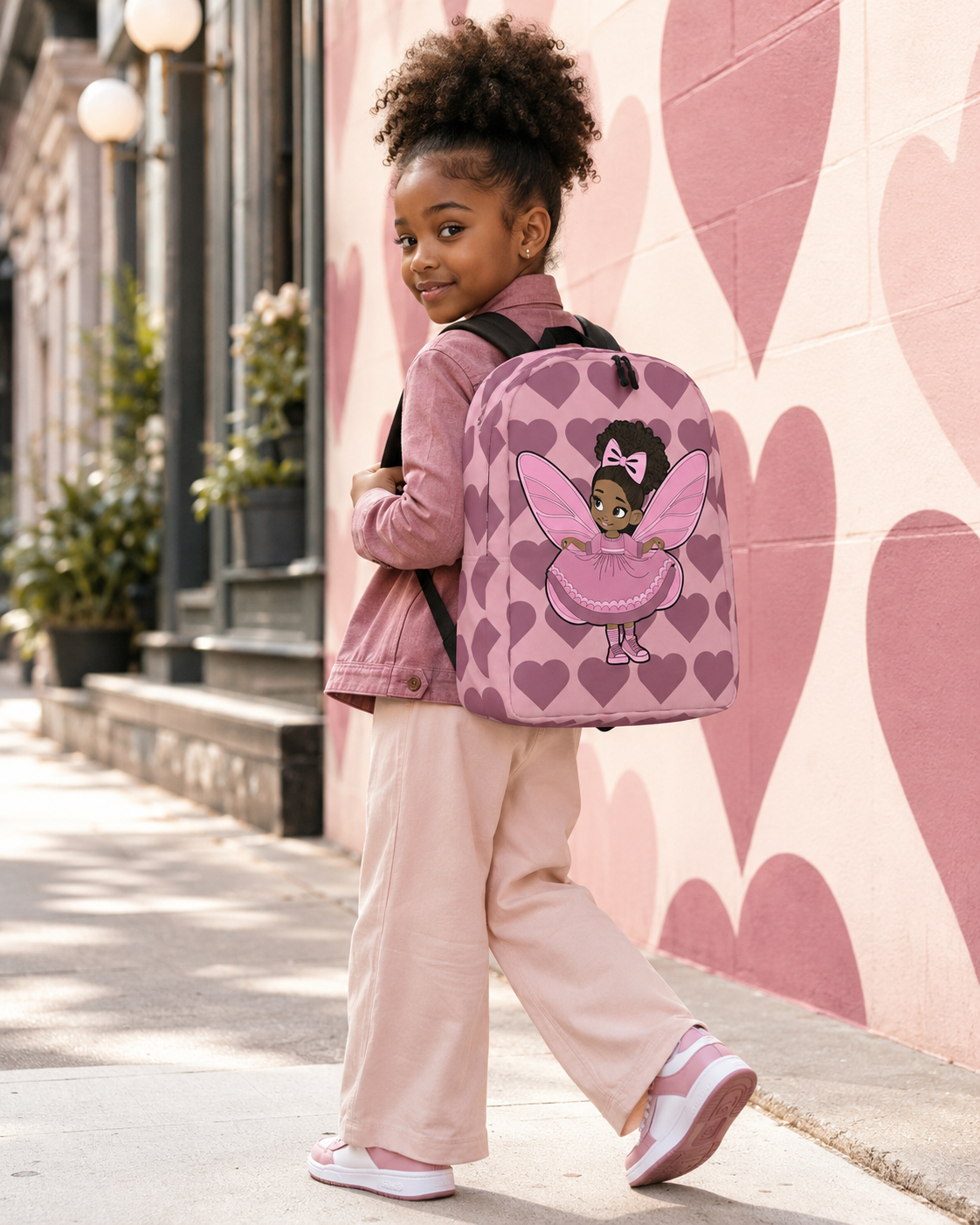 Coco Pixies Darling Daphne backpack with a curly afro puff character, pink wings and mauve hearts.