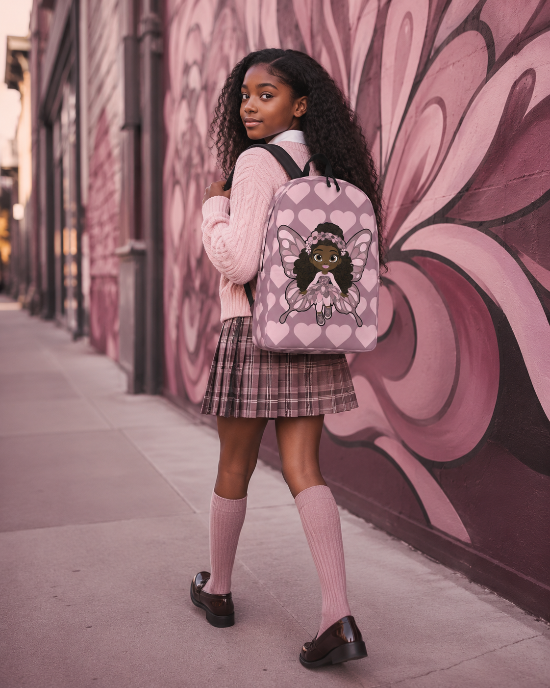 Coco Pixies Penelope Pixie Backpack featuring textured curls, pink wings and blush hearts on dusty rose