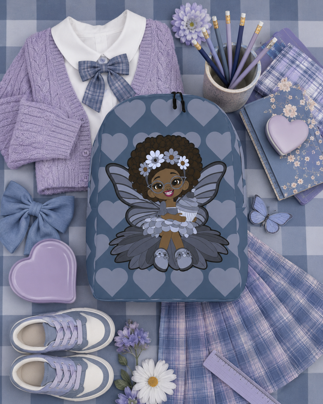 Bubbly Brooke Pixie Backpack by Coco Pixies in cool blue with Black girl pixie and signature heart pattern