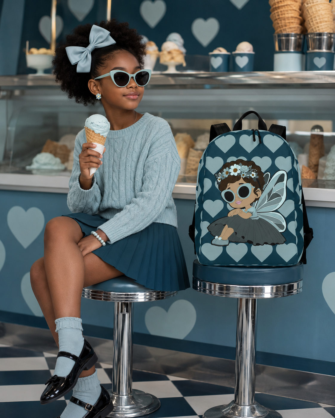 Coco Pixies Pixie Piper Backpack featuring aqua teal hearts, curly hair, sunglasses, and detailed pixie wings