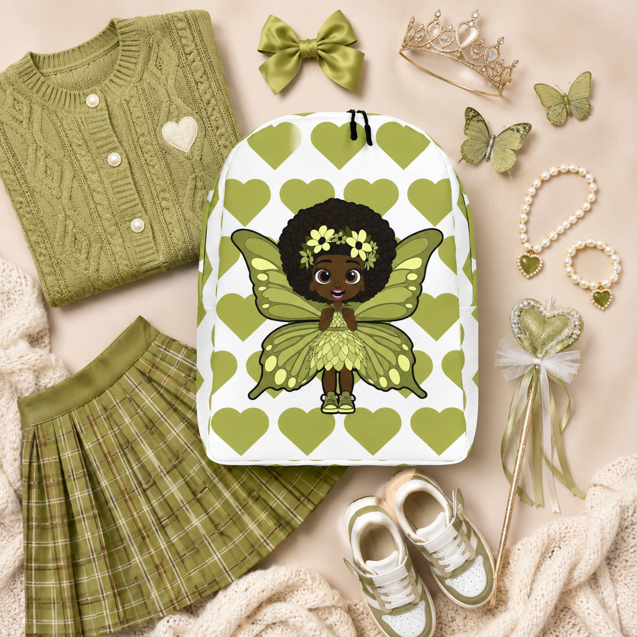 Cheerful Charlotte Pixie backpack featuring a Black girl pixie with green wings on the Coco Pixies signature heart pattern.