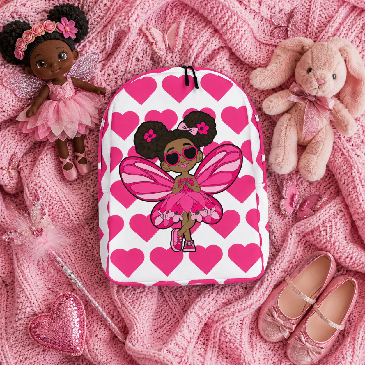 Coco Pixies Glitzy Gracelynn backpack featuring a Black pixie character and bright pink signature heart pattern