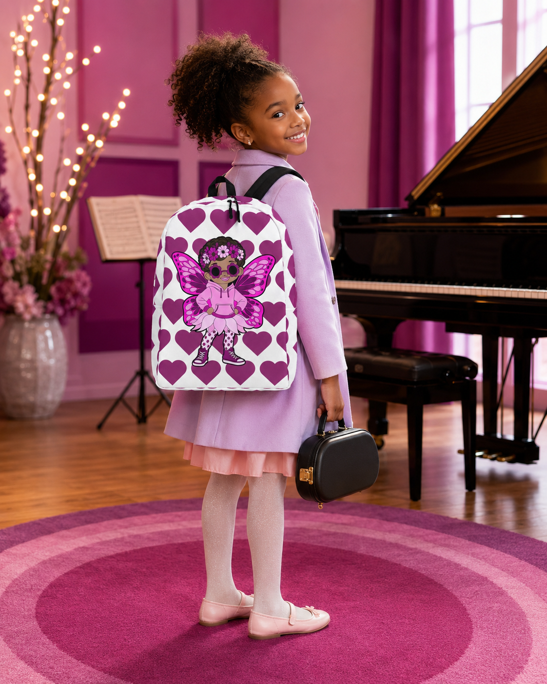 Coco Pixies Teonna Twinklepuff backpack featuring a Black girl pixie with curly puffs, a floral crown and magenta hearts.