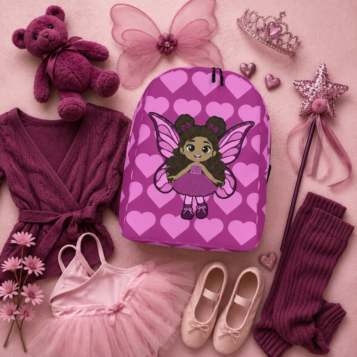 Coco Pixies Fiona Flutter magenta backpack featuring a Black girl pixie with curly hair and pink wings