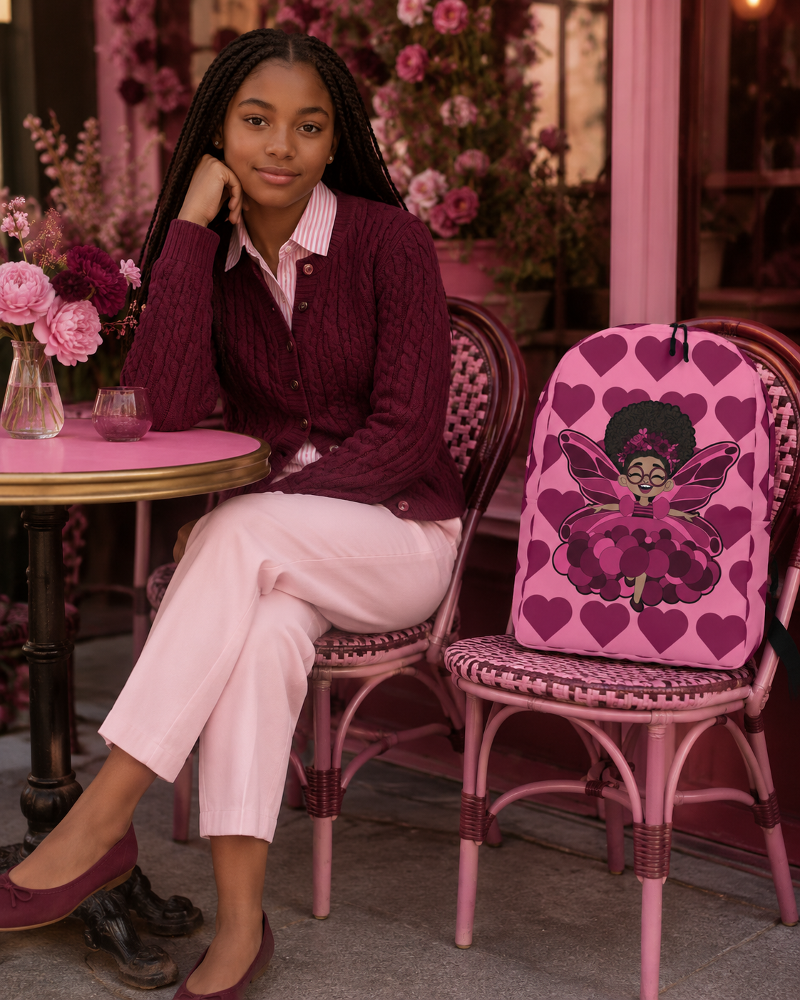Coco Pixies Delightful Daisy backpack featuring a Black girl pixie and Berry Pink Signature Heart Pattern