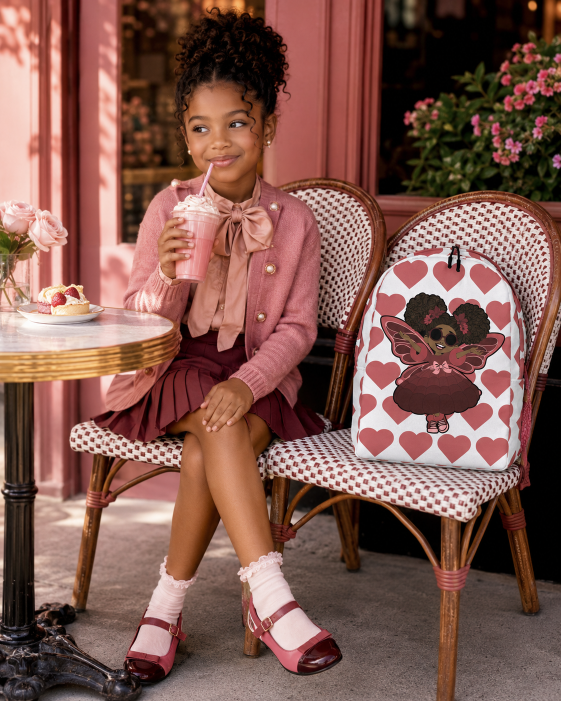 Coco Pixies Radiant Ruby character backpack featuring afro puffs, sunglasses and signature heart print