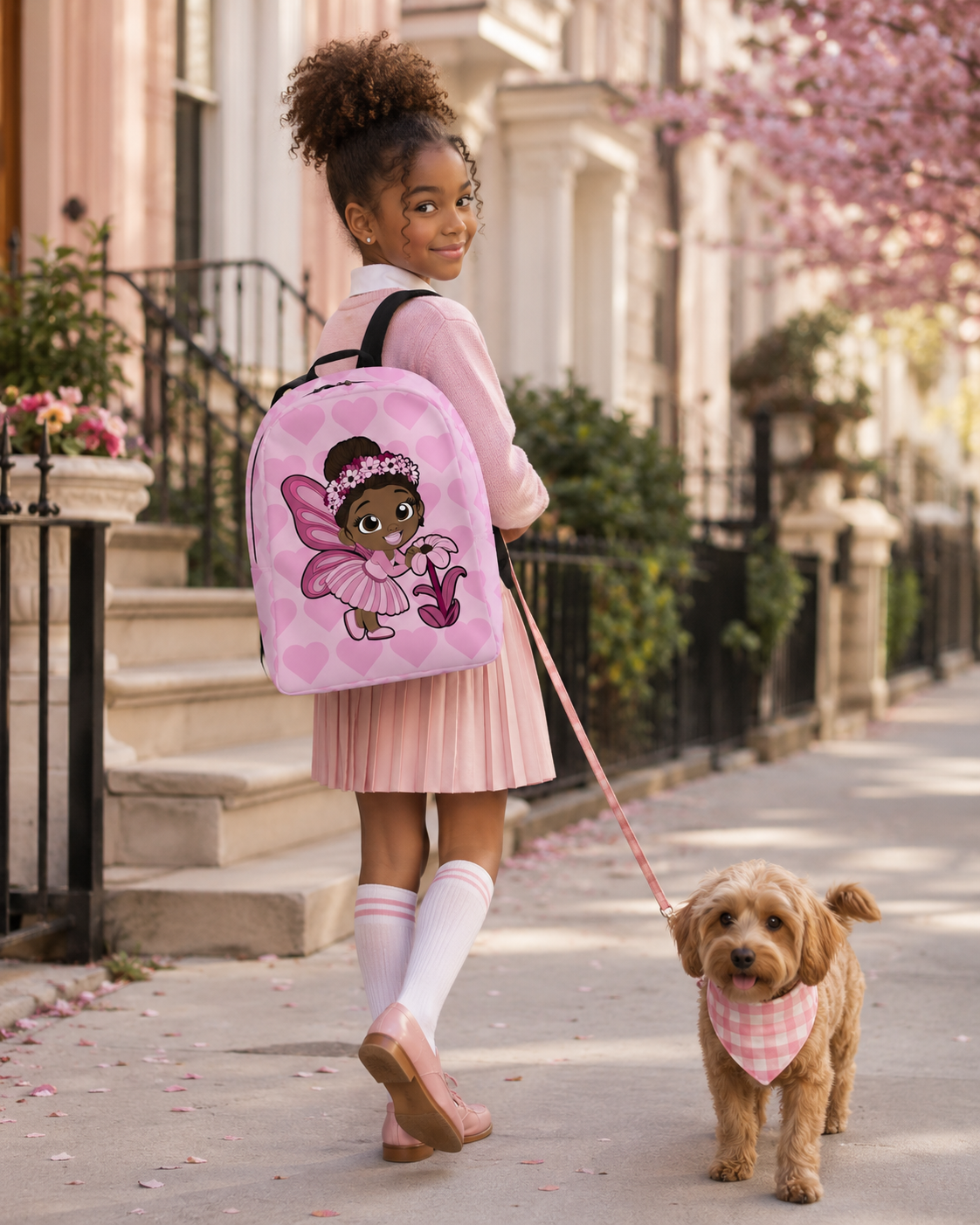 Coco Pixies Tara Twinkle girls backpack featuring a Black pixie, pink wings and blush heart pattern