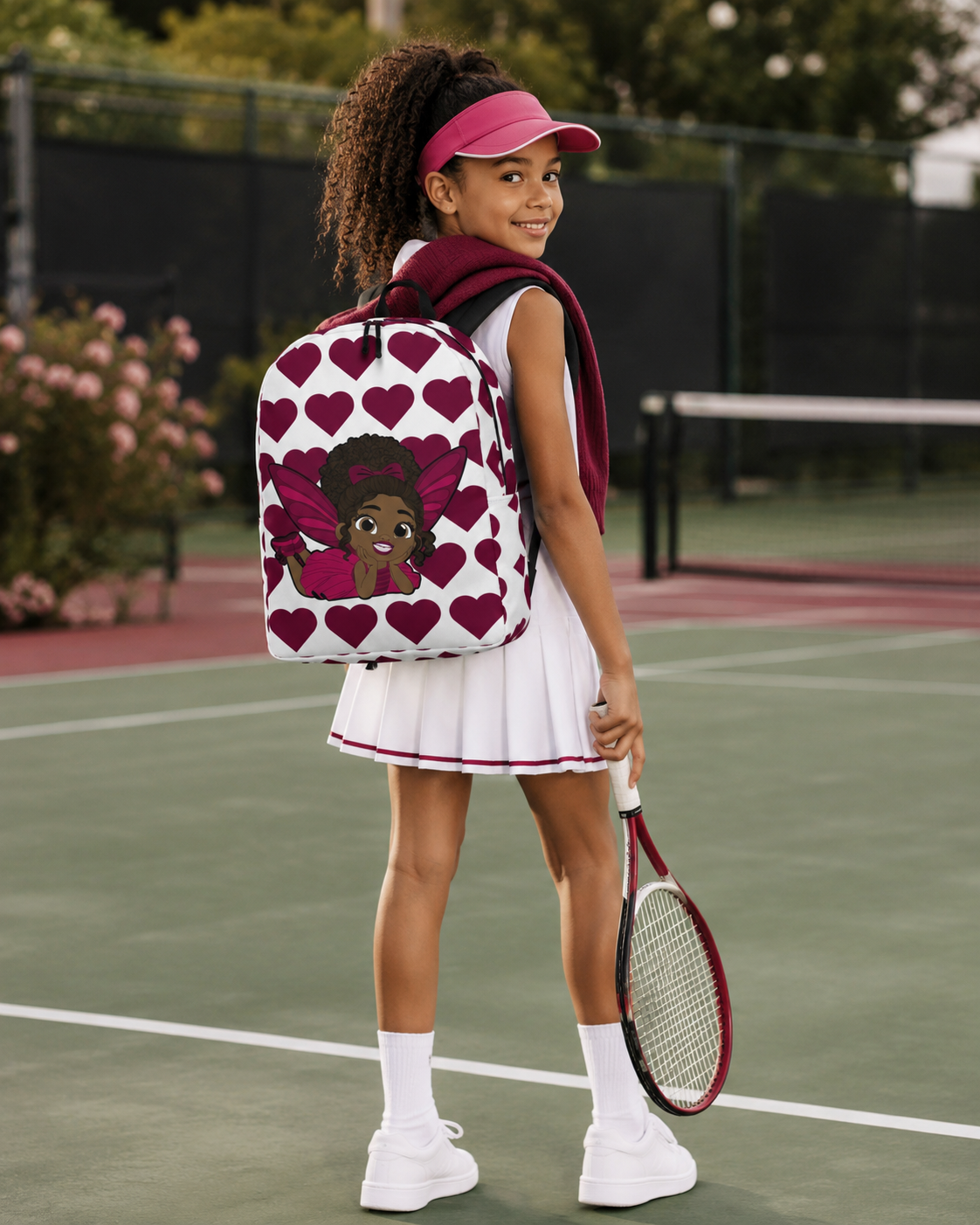 Coco Pixies Happy Harper backpack featuring a Black girl pixie with curly hair, pink wings, and burgundy hearts