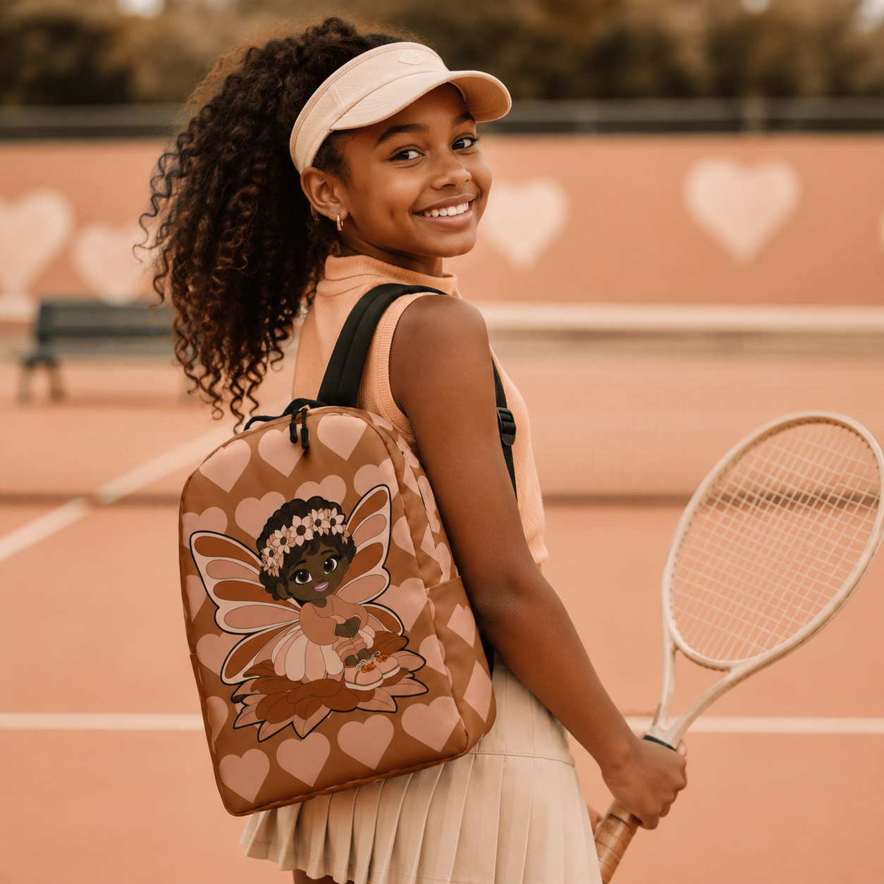 Coco Pixies Sweet Sienna school backpack featuring a Black pixie, floral crown, wings, and mocha heart pattern
