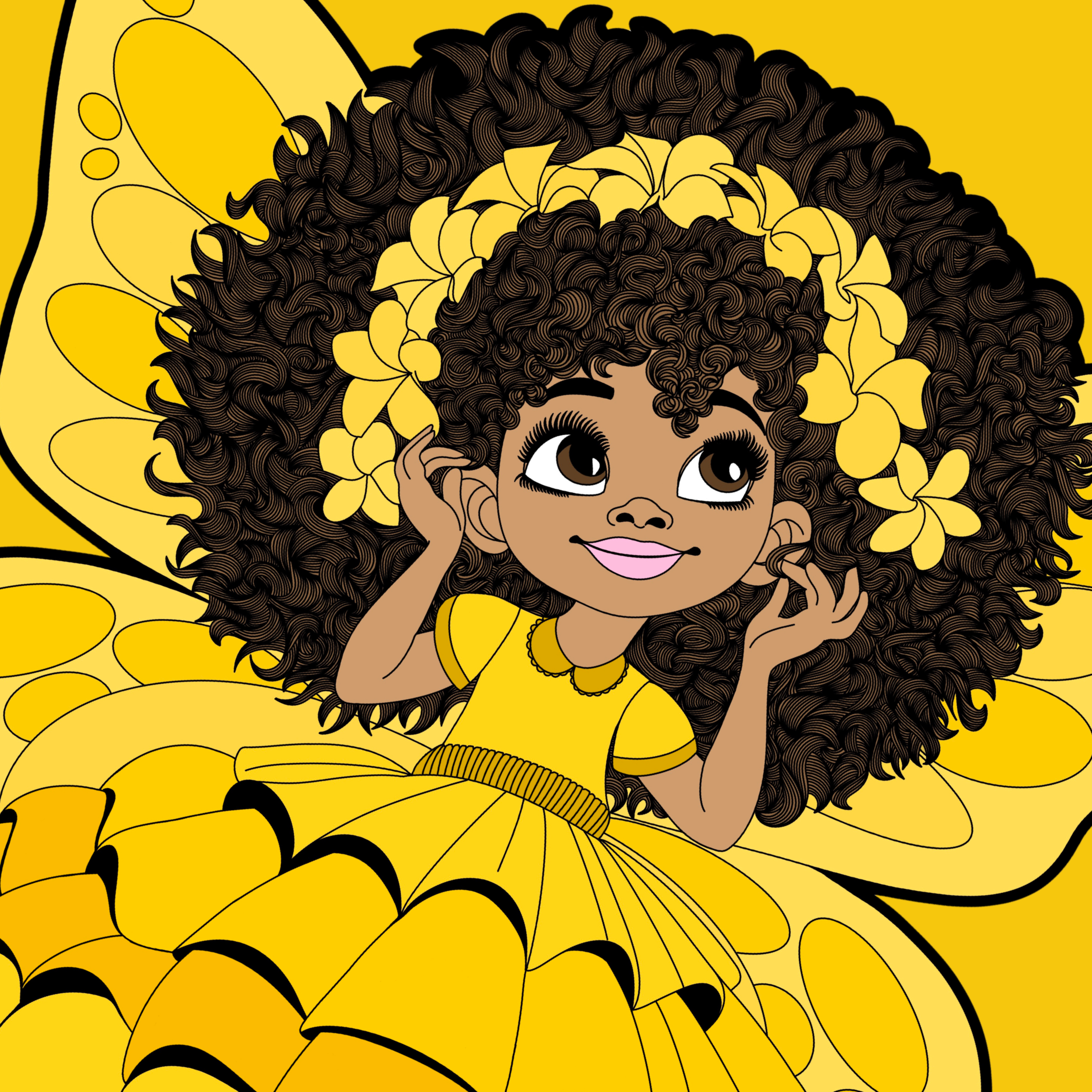 Blissful Brandie, an original hand-drawn Black girl pixie with voluminous natural curls, yellow flowers, a golden petal dress, and yellow butterfly wings.