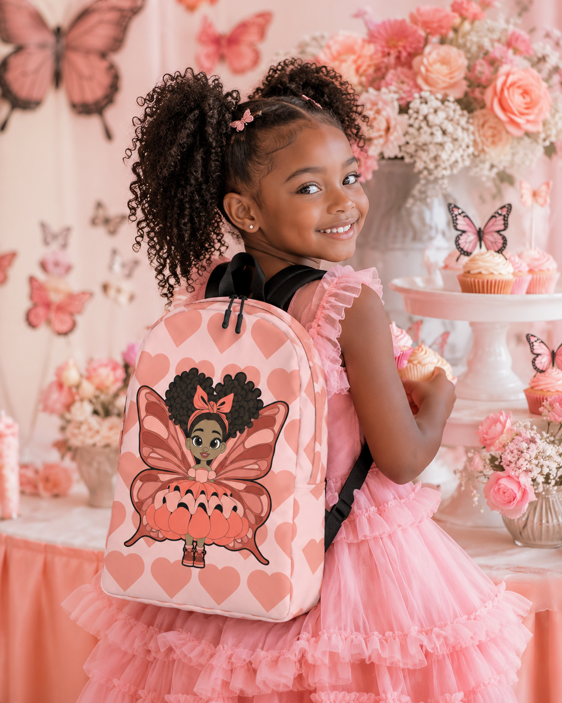 Coco Pixies Lovely Layla children’s backpack featuring a Black girl pixie and Coral Signature Heart Pattern