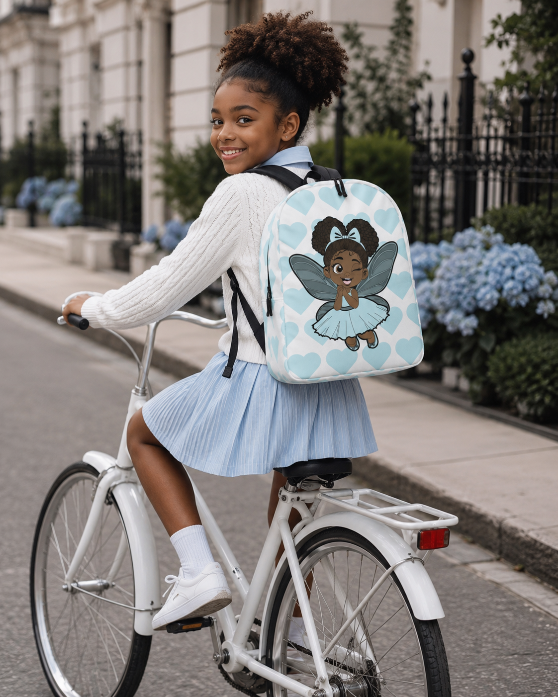 Gleeful Grace Pixie Backpack by Coco Pixies with aqua hearts, afro puffs, wings, and a white background
