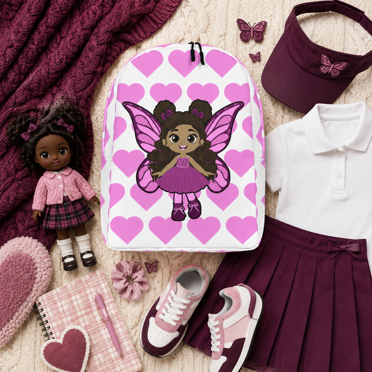 Coco Pixies Fiona Flutter character backpack featuring curly puff buns, pink wings, and heart print