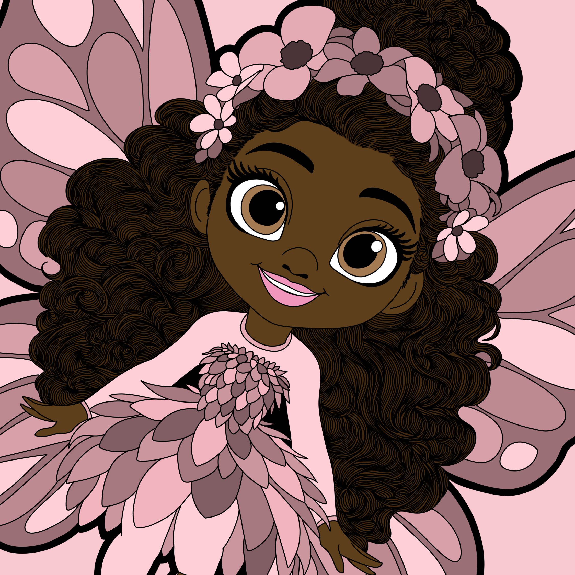 Penelope Pixie, an original hand-drawn Black girl pixie with deep brown skin, long natural curls gathered into a high bun, a mauve floral crown, pink and mauve butterfly wings, a layered petal dress and coordinating sneakers.