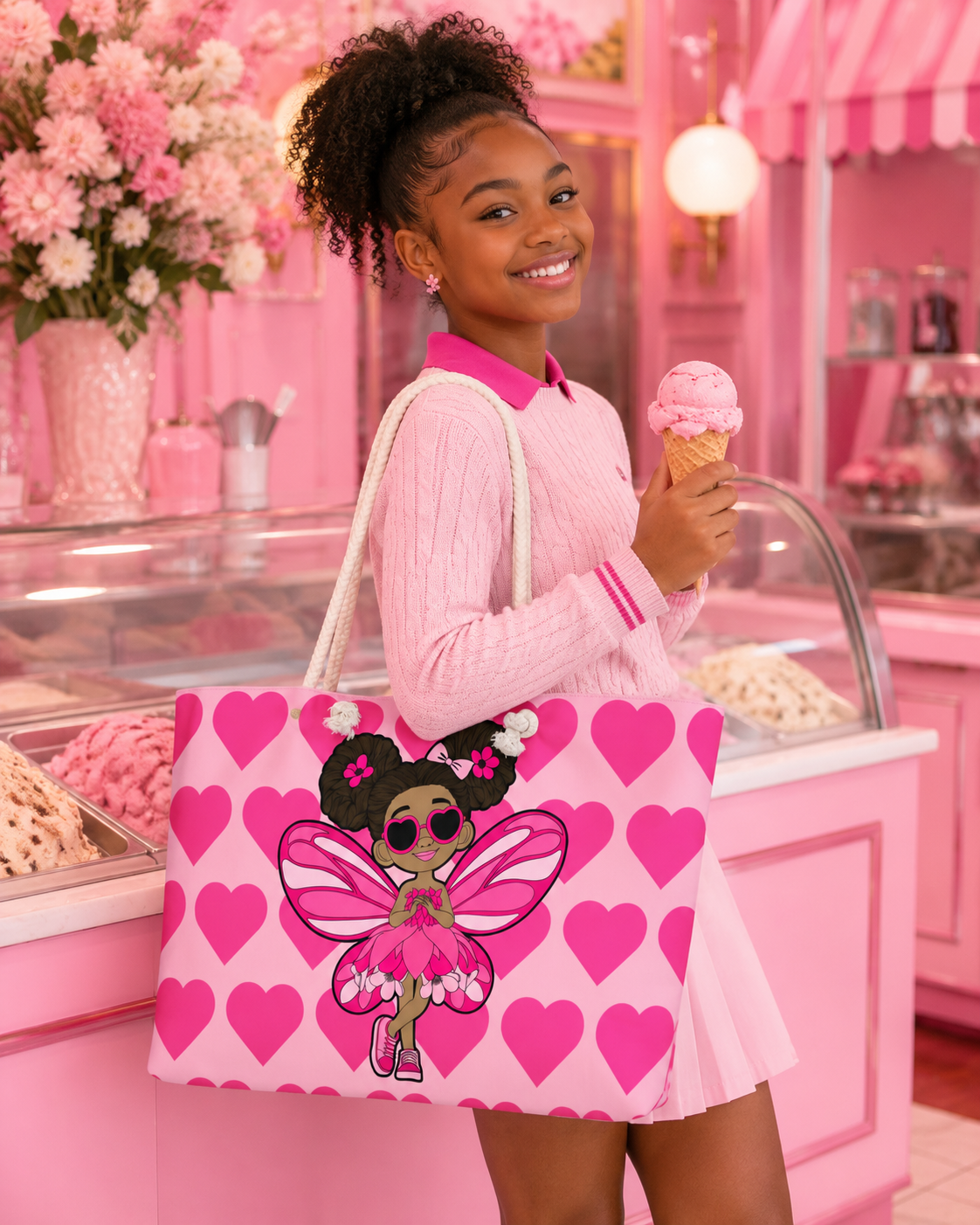 Black girl carrying a pink Coco Pixies Glitzy Gracelynn Pixie tote bag with heart pattern while holding an ice cream cone in a pink shop.