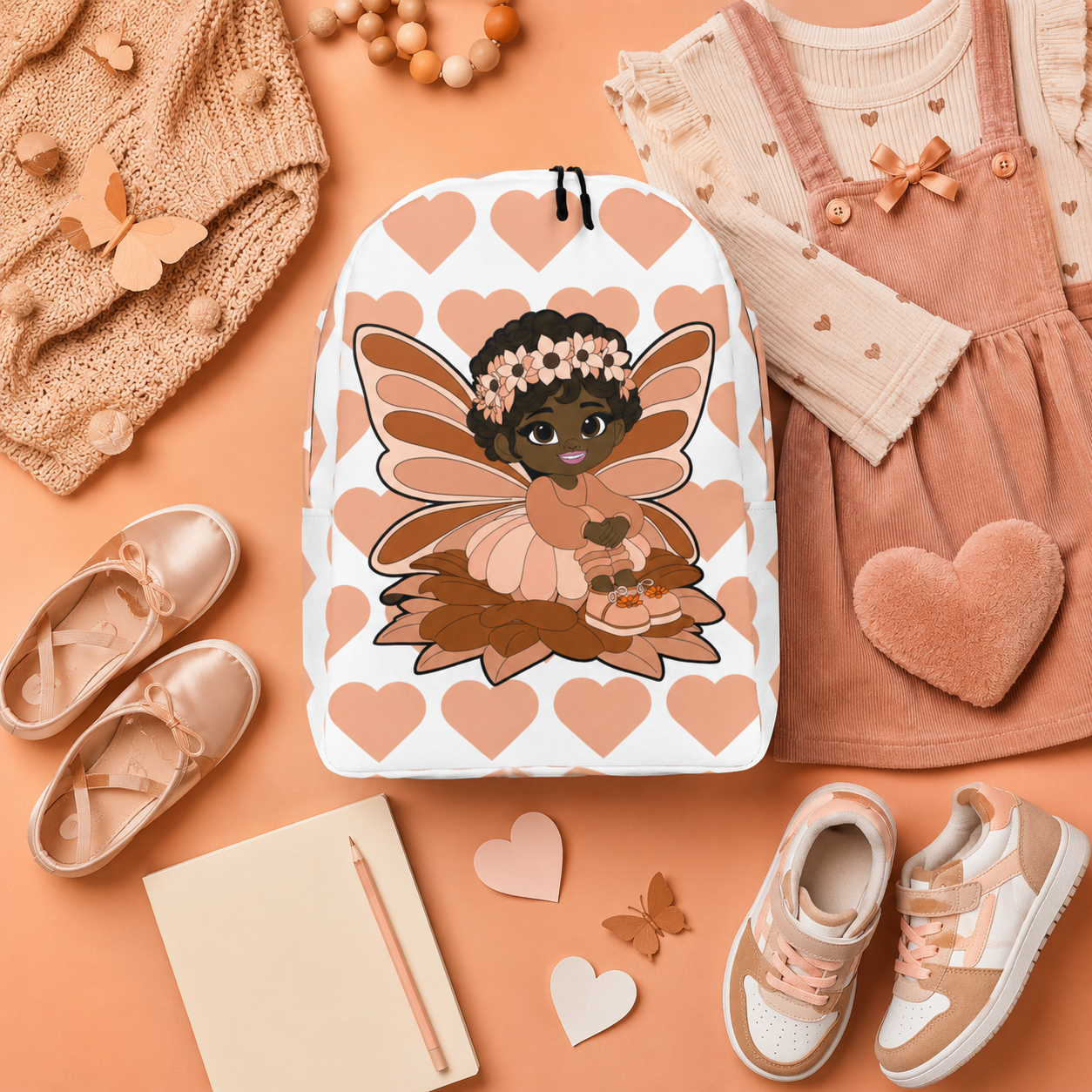 Coco Pixies Signature Heart Pattern Backpack featuring Sweet Sienna, a Black pixie with curls and peach wings