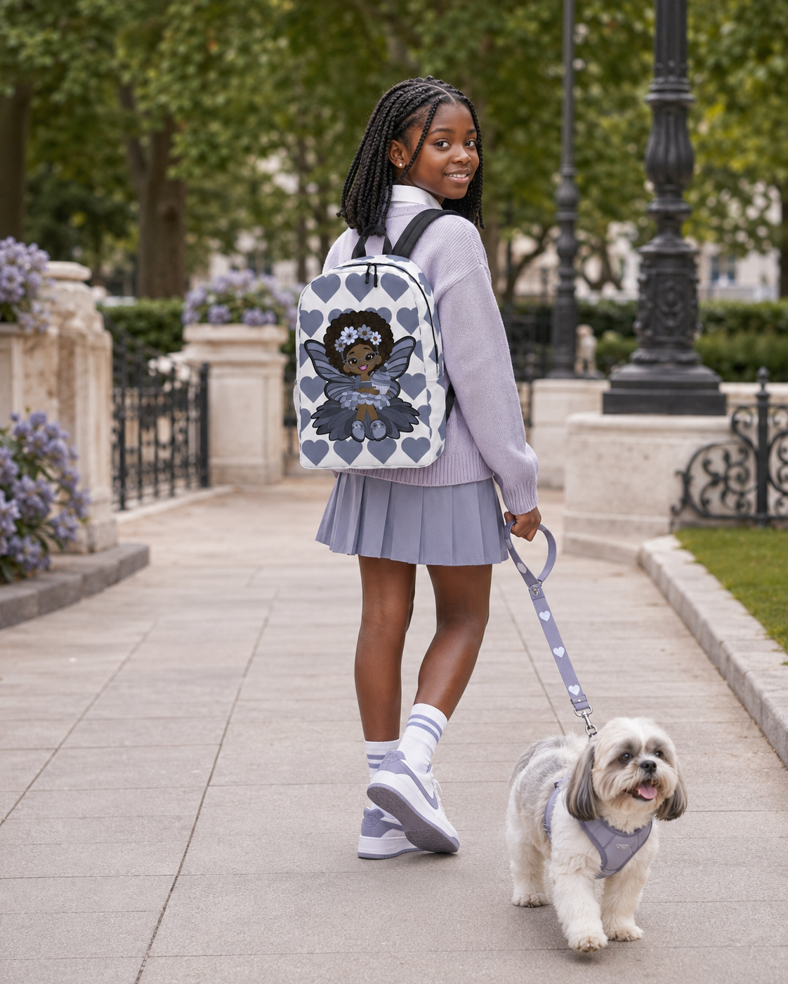 Bubbly Brooke Pixie Backpack by Coco Pixies with a Black girl pixie, cupcake and slate-blue signature heart pattern