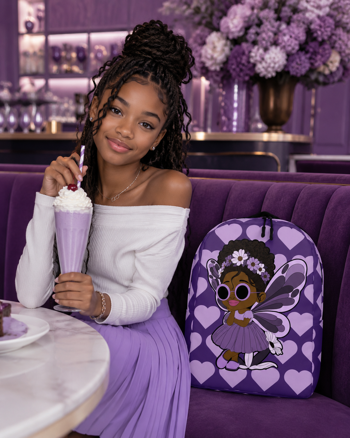 Coco Pixies Marvelous Mia purple backpack featuring a Black pixie with an afro puff, floral crown and lavender wings