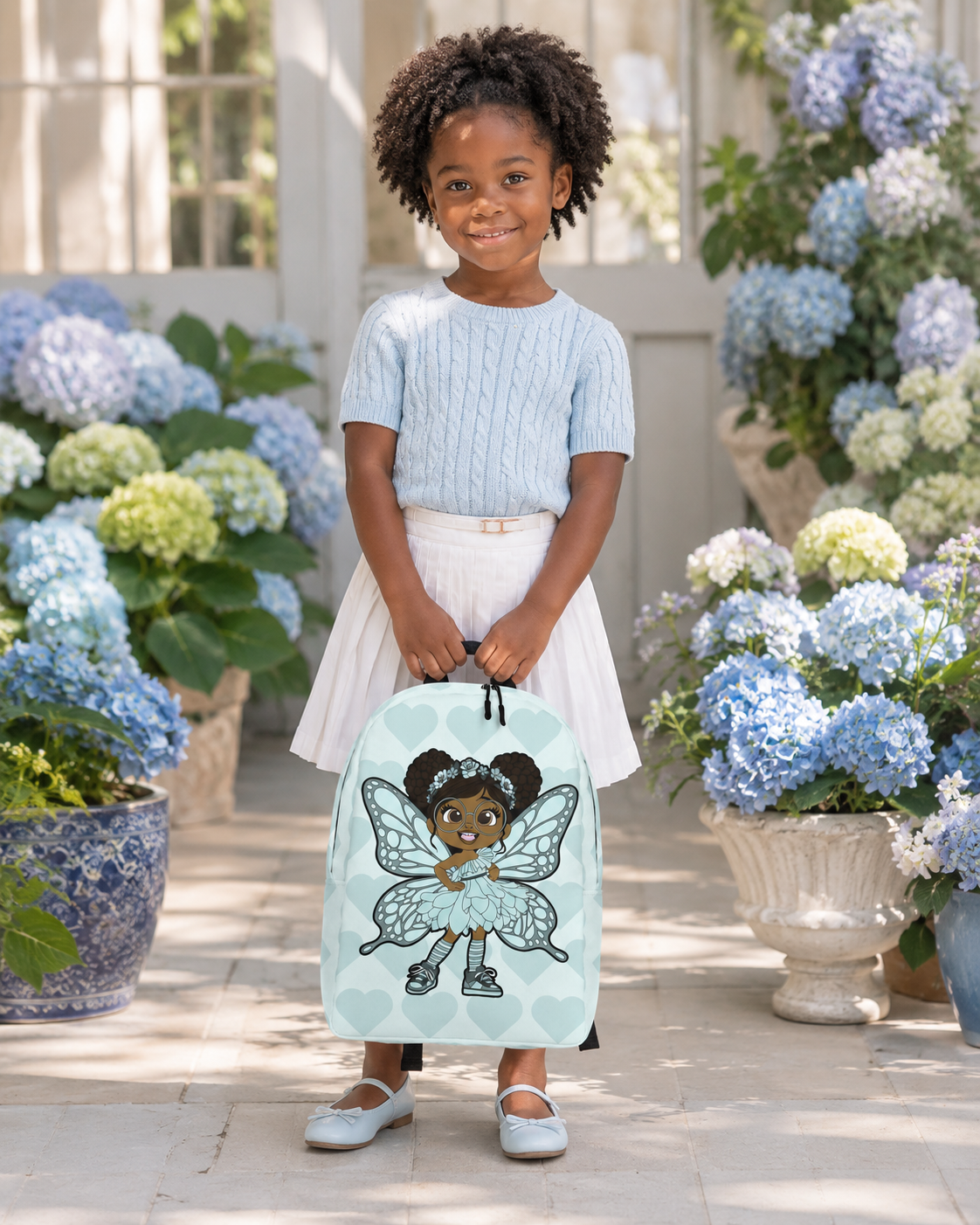 Coco Pixies JoJo Jollypuff backpack featuring afro puffs, round glasses, baby cyan wings, and heart pattern