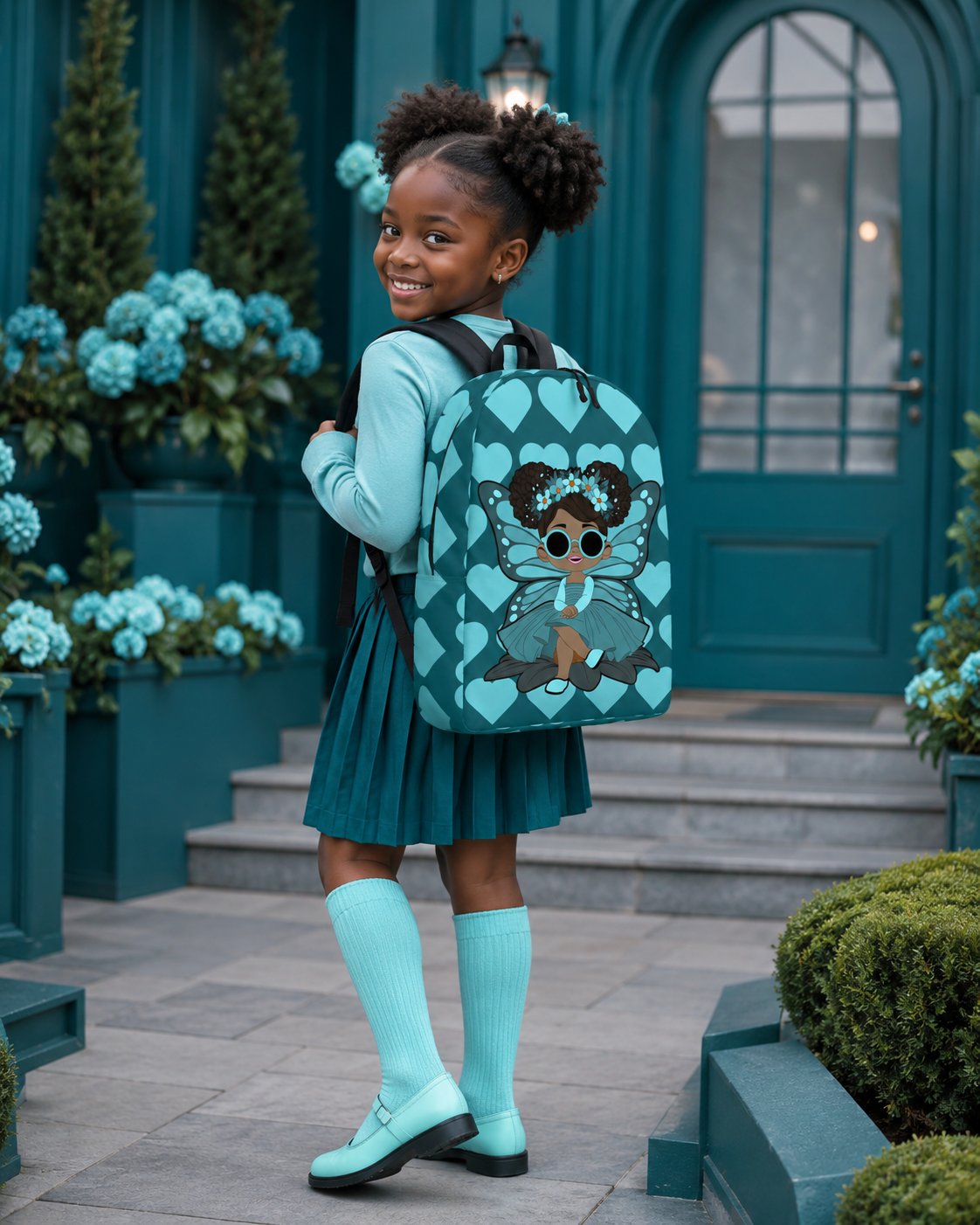 Coco Pixies Sassy Sammy backpack featuring a Black pixie character and deep teal signature heart pattern