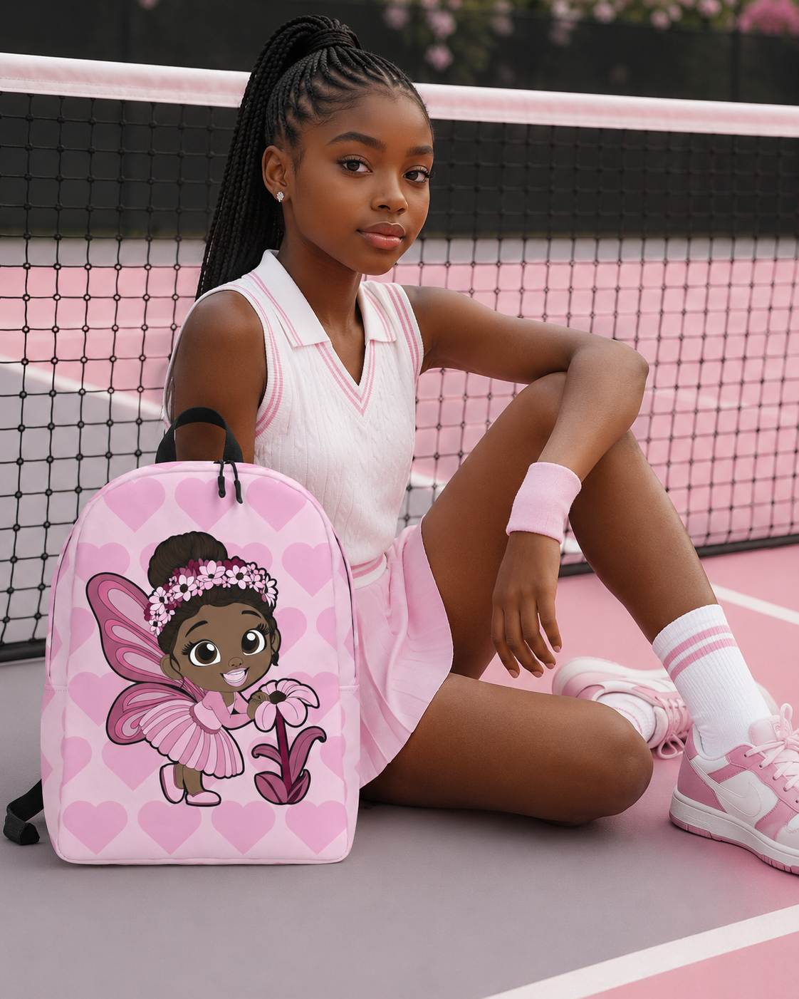 Coco Pixies Tara Twinkle girls backpack featuring a Black pixie, pink wings and blush heart pattern