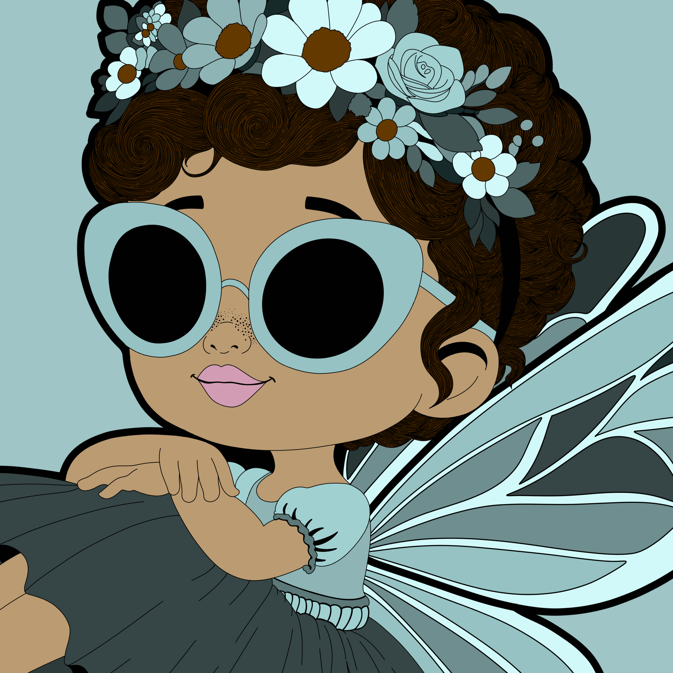 Pixie Piper, a seated original hand-drawn Black girl pixie with warm brown skin, freckles, a curly updo, aqua floral crown and sunglasses, blue gray butterfly wings, a pale aqua top, charcoal skirt and pom-pom flats.