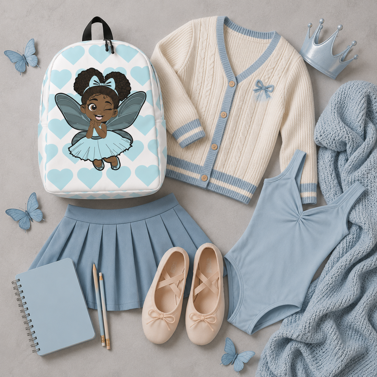 Gleeful Grace Pixie Backpack by Coco Pixies with aqua hearts, afro puffs, wings, and a white background