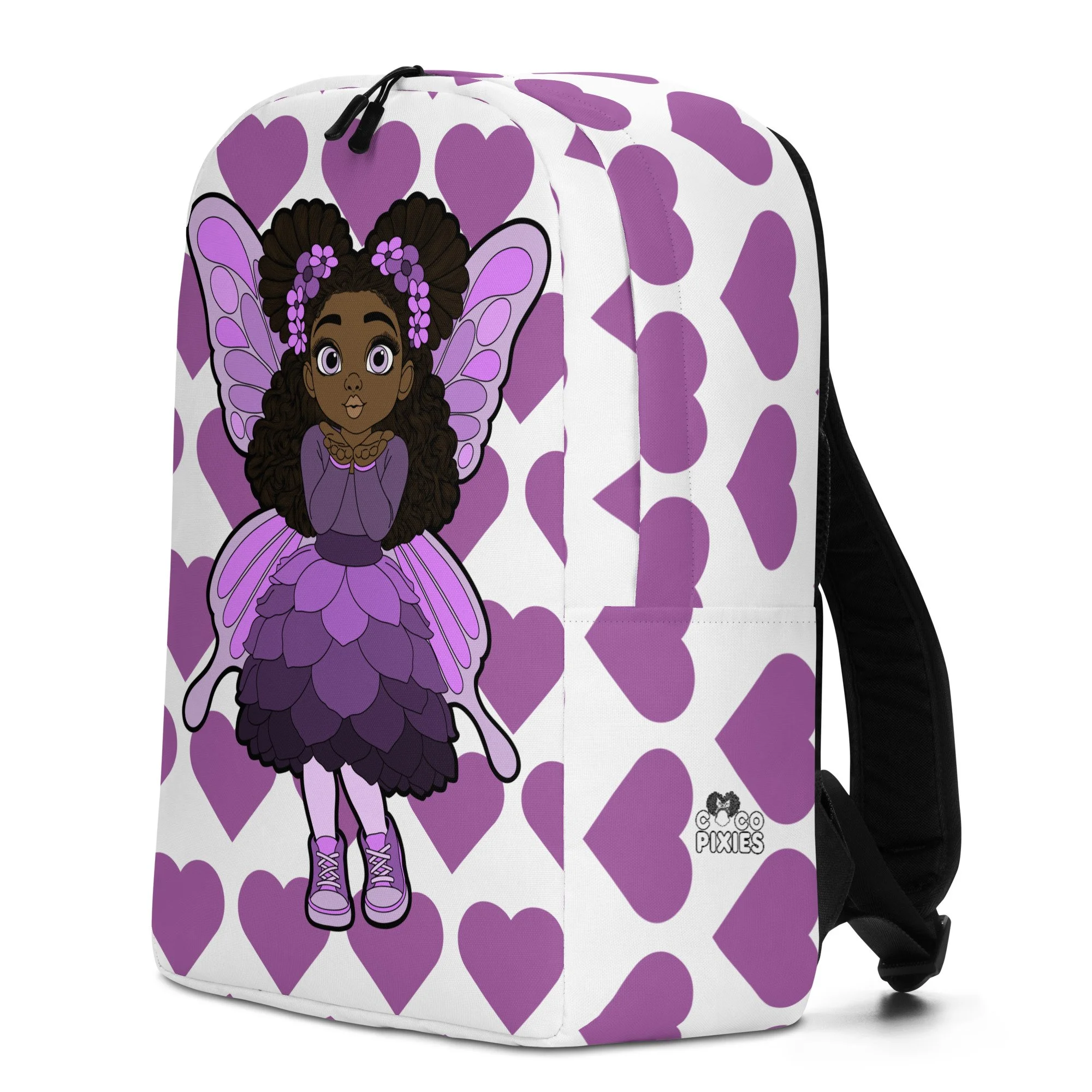 Amber Amazingpuff Pixie Backpack by Coco Pixies with Black girl pixie character, purple wings and signature purple heart pattern