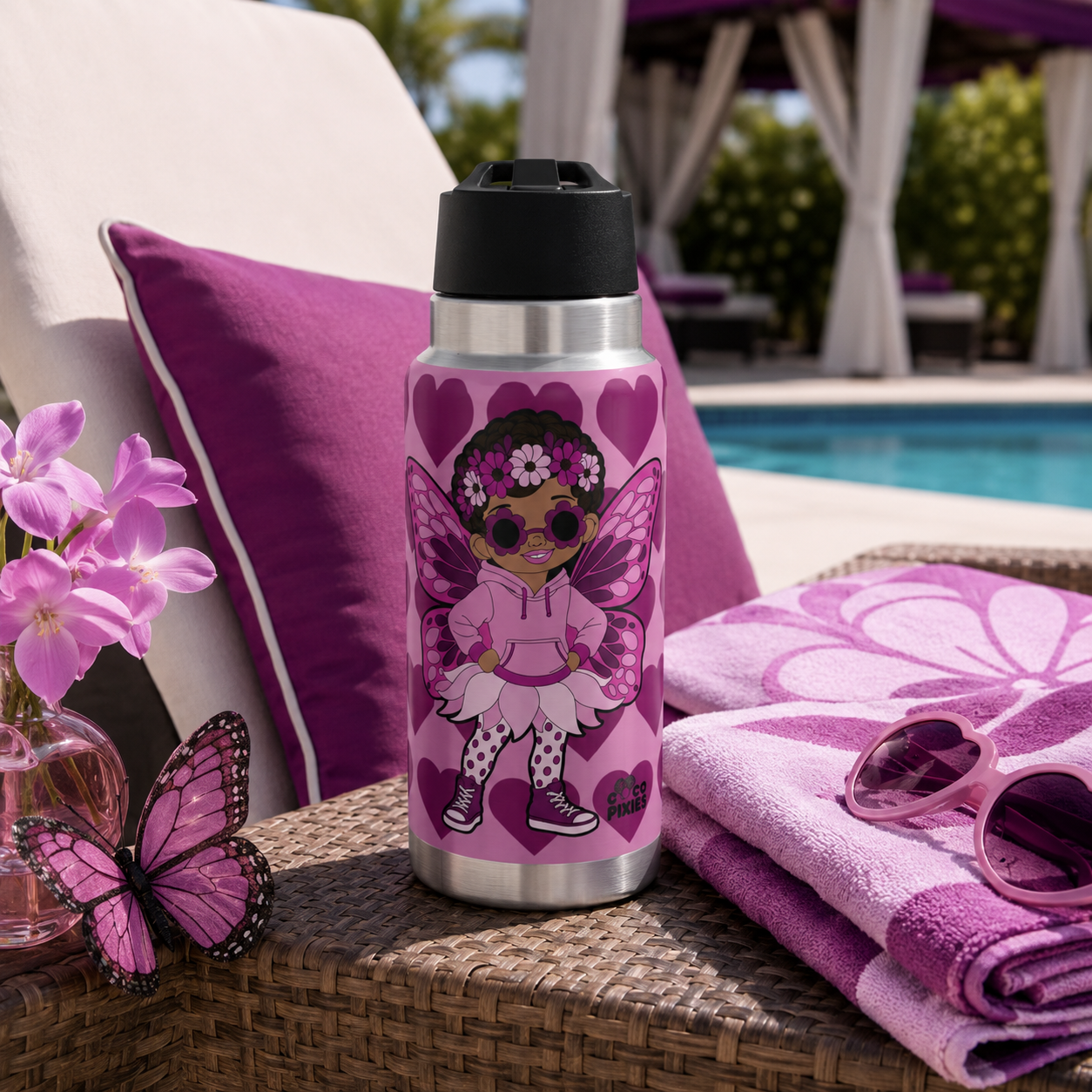 A Coco Pixies Teonna Twinklepuff water bottle with heart pattern design, placed on a table next to pink sunglasses, a pink towel, and pink flowers, set up outdoors near a pool with purple towels and lounge chairs.