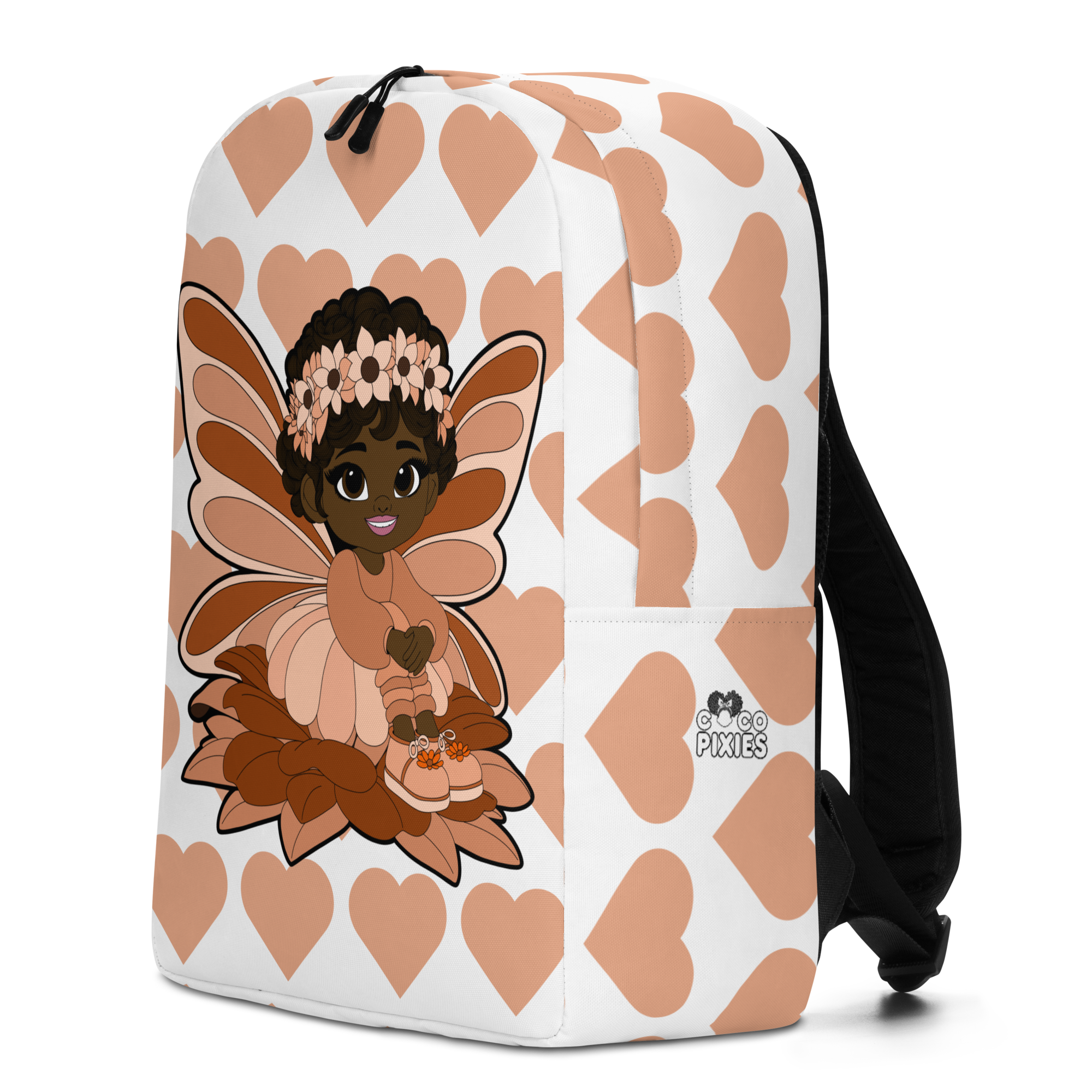 Sweet Sienna Pixie Backpack by Coco Pixies with a peach signature heart pattern and Black pixie character artwork