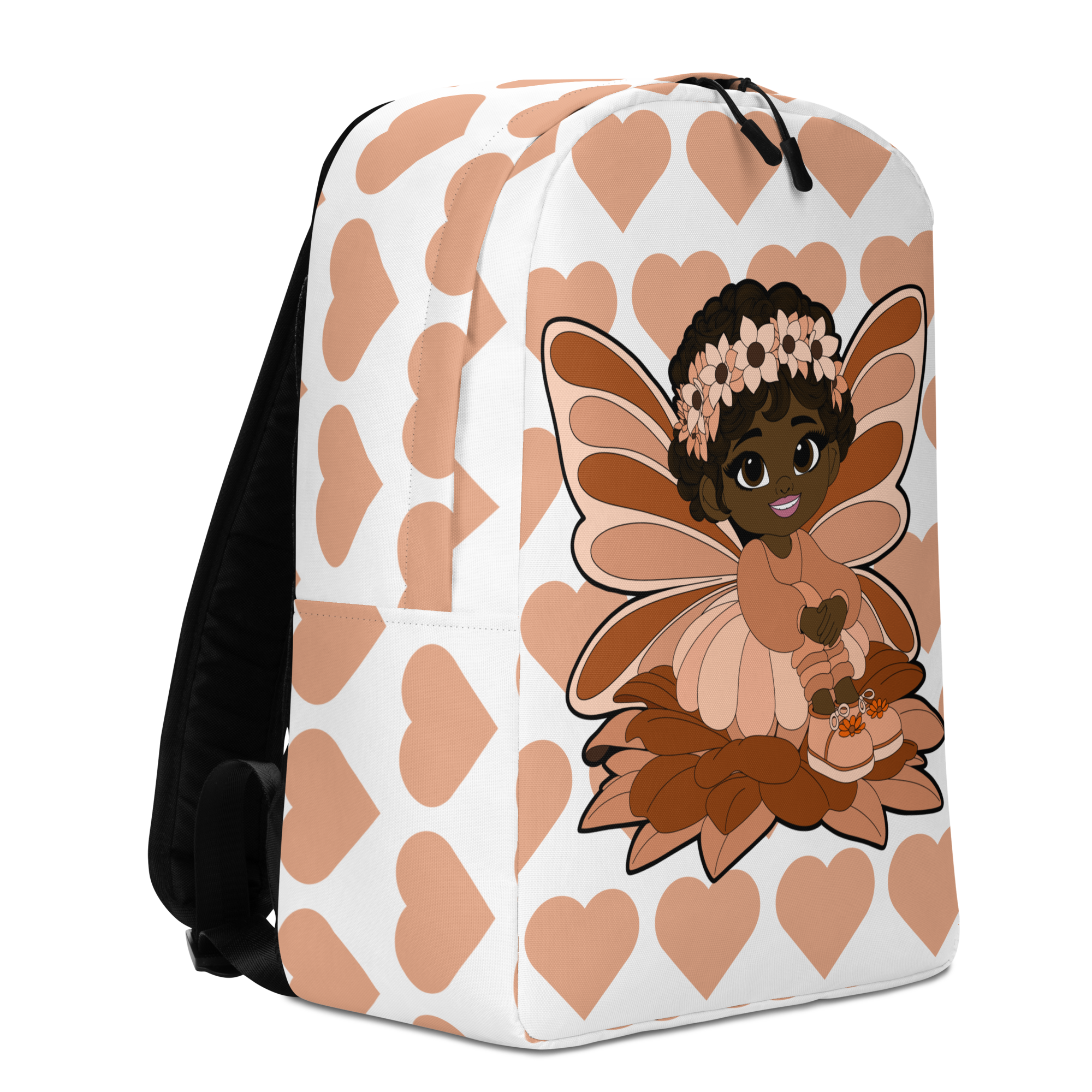 Sweet Sienna Pixie Backpack by Coco Pixies with a peach signature heart pattern and Black pixie character artwork