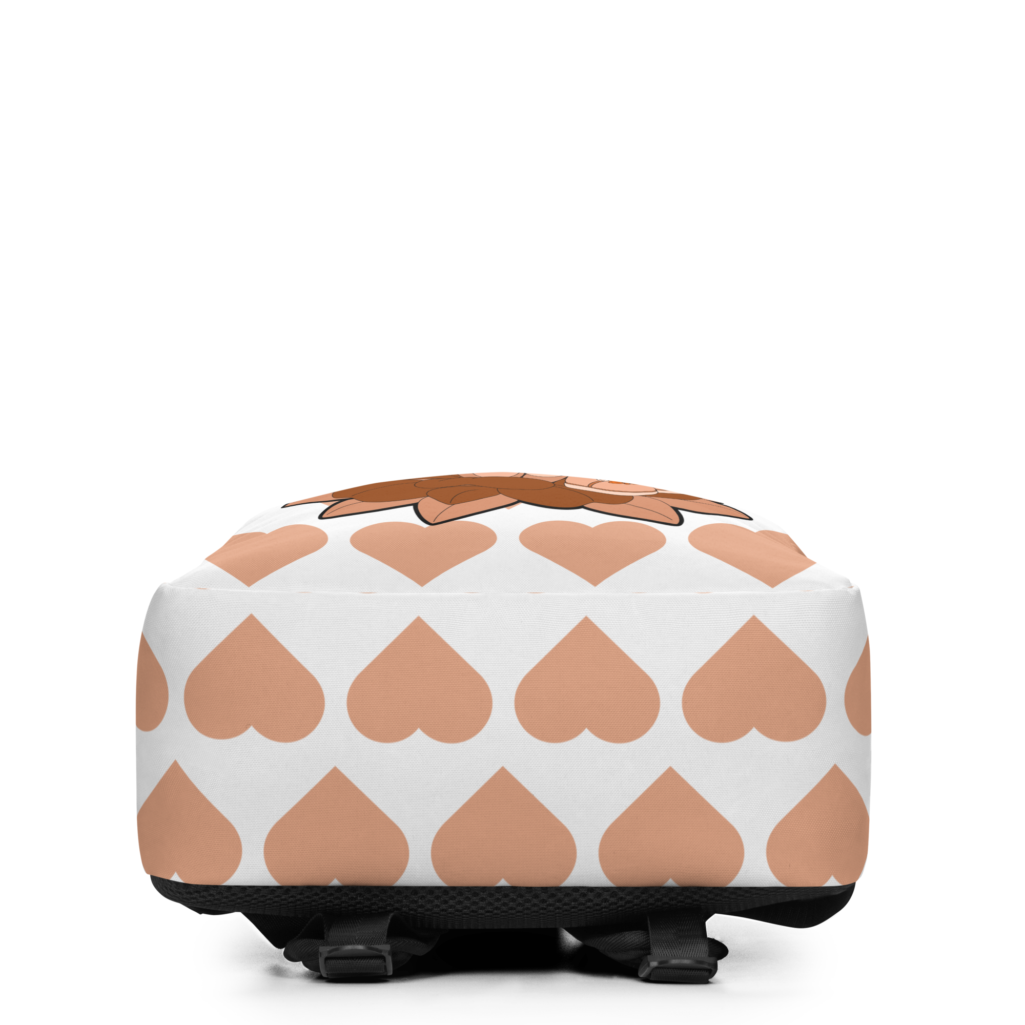 Sweet Sienna Pixie Backpack by Coco Pixies with a peach signature heart pattern and Black pixie character artwork