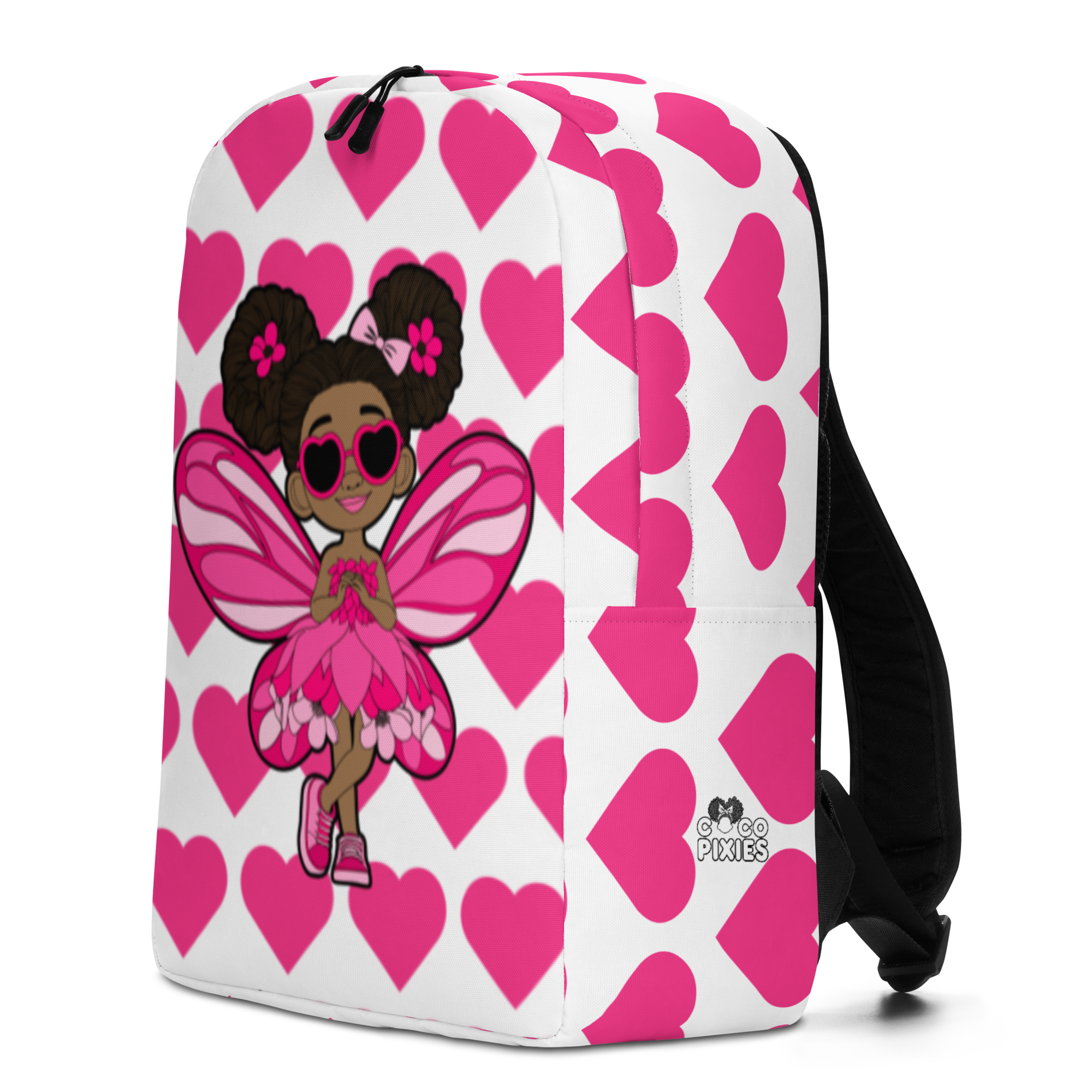 Glitzy Gracelynn Pixie Backpack by Coco Pixies with pink hearts, afro puffs, heart sunglasses and pink wings