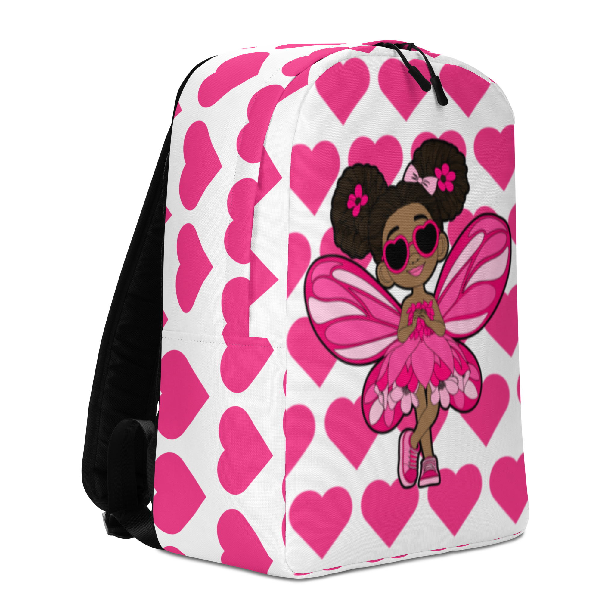 Glitzy Gracelynn Pixie Backpack by Coco Pixies with pink hearts, afro puffs, heart sunglasses and pink wings