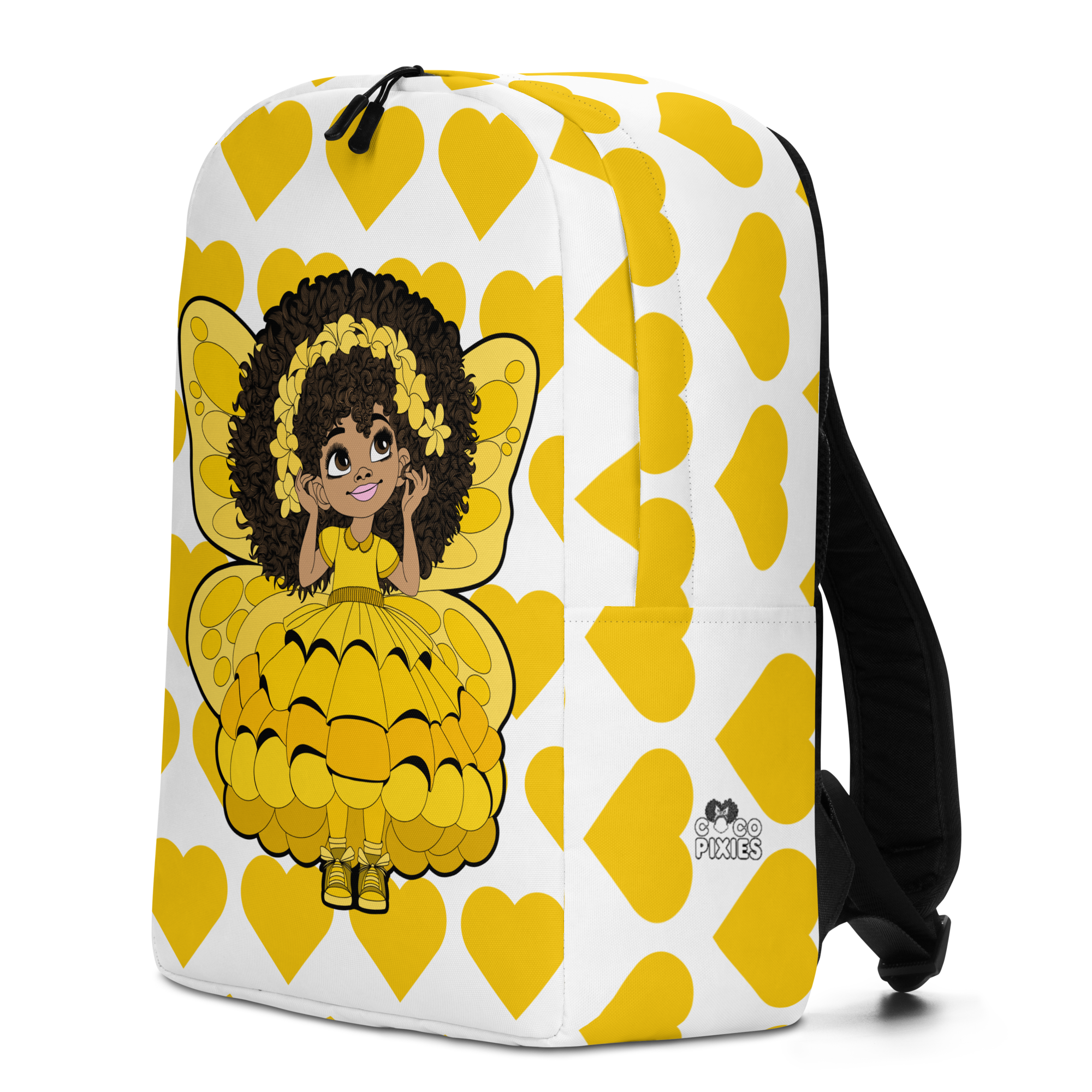 Blissful Brandie Pixie Backpack by Coco Pixies with a Black girl pixie, yellow wings and signature yellow heart pattern