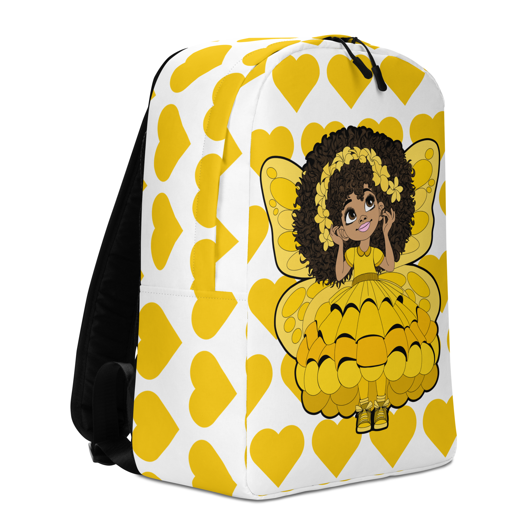 Blissful Brandie Pixie Backpack by Coco Pixies with a Black girl pixie, yellow wings and signature yellow heart pattern