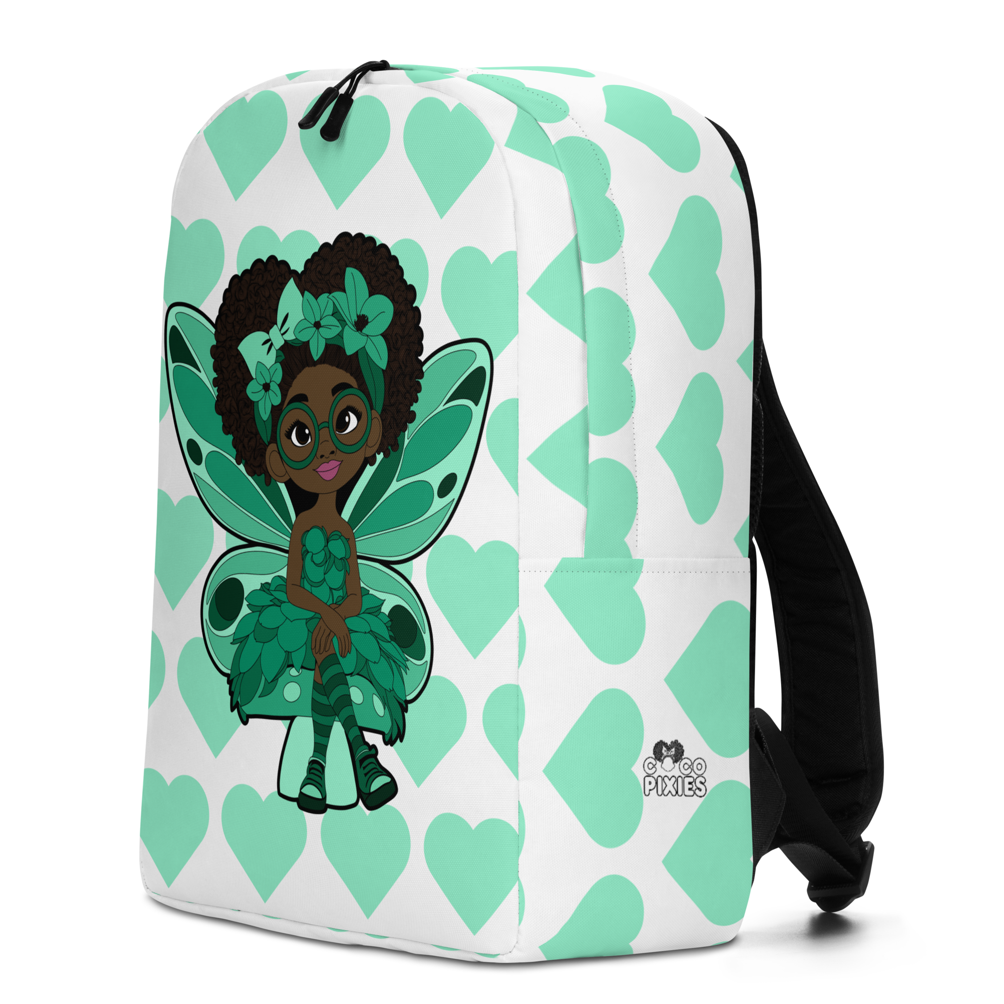 Brilliant Bailey Pixie Backpack by Coco Pixies featuring a Black girl pixie with a curly afro, green wings and a mint heart pattern.