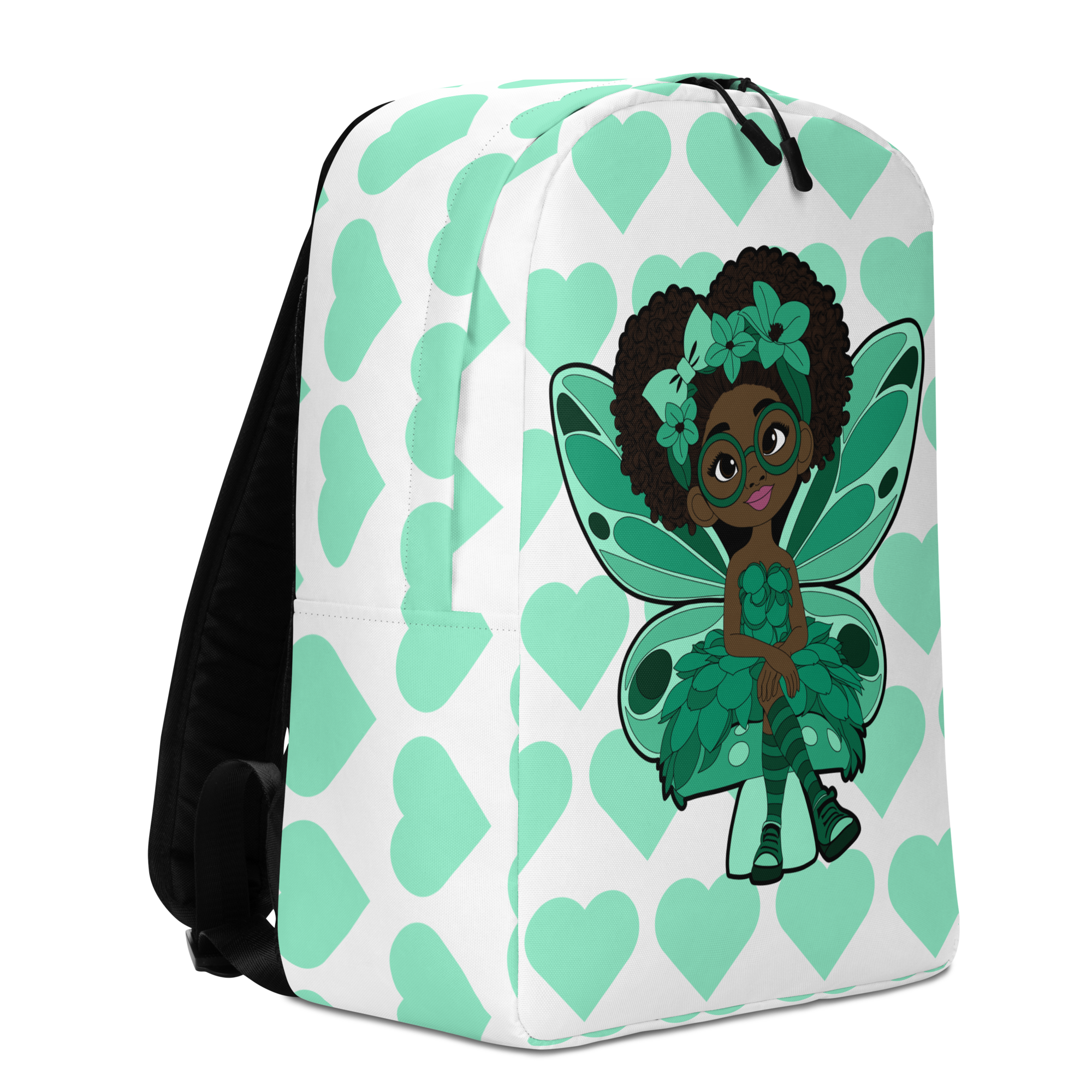 Brilliant Bailey Pixie Backpack by Coco Pixies featuring a Black girl pixie with a curly afro, green wings and a mint heart pattern.