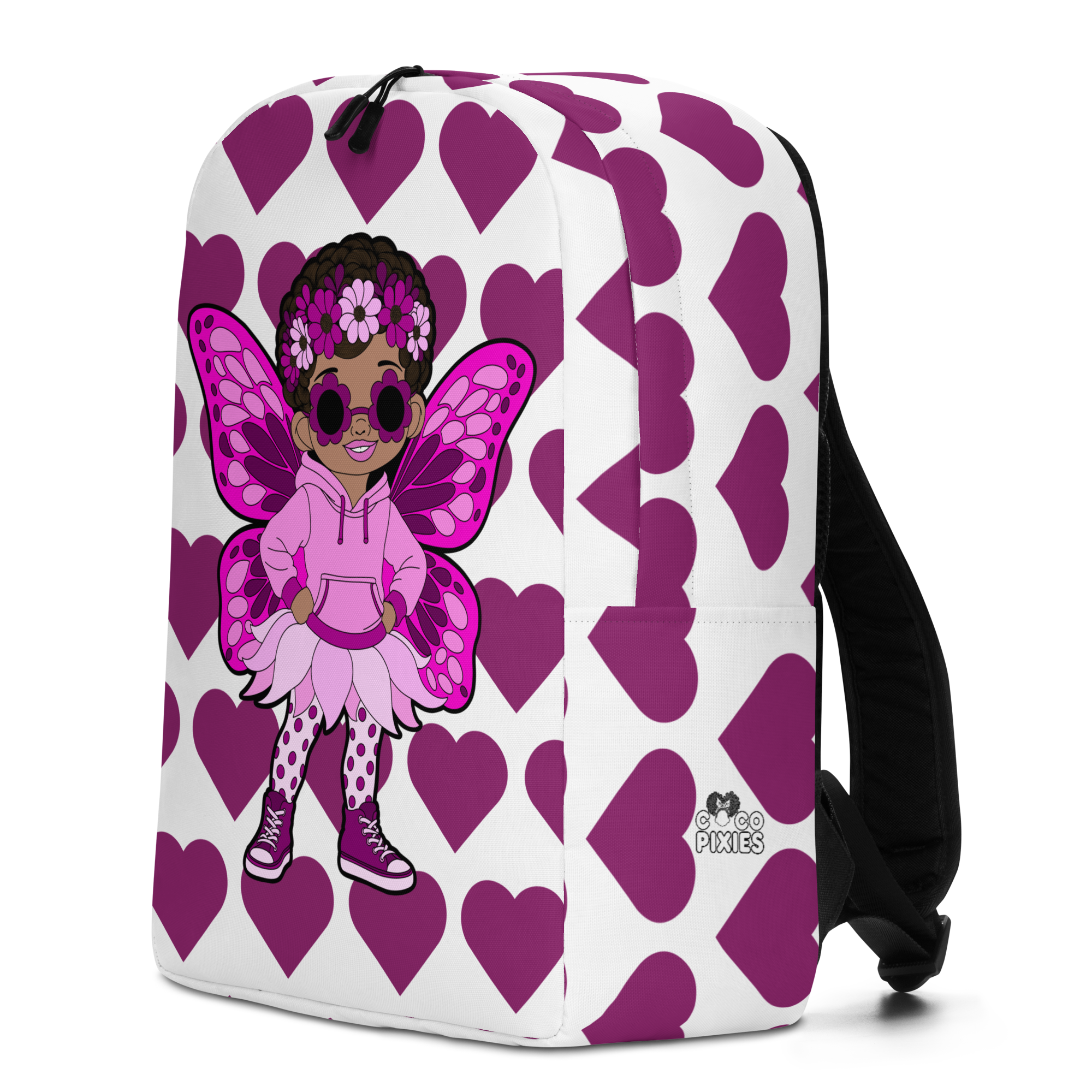 Teonna Twinklepuff Pixie Backpack by Coco Pixies with pink wings, flower sunglasses and a purple signature heart pattern.