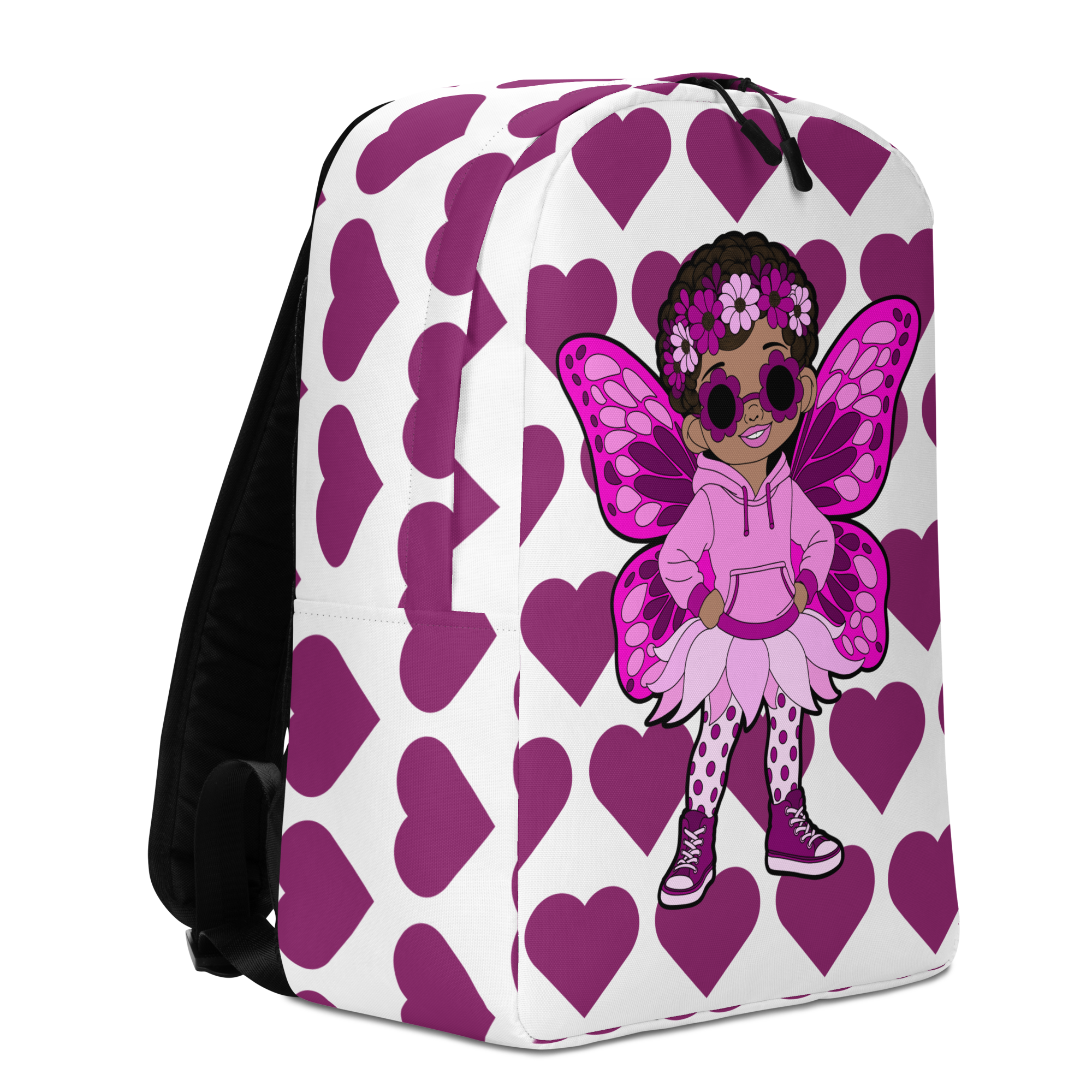 Teonna Twinklepuff Pixie Backpack by Coco Pixies with pink wings, flower sunglasses and a purple signature heart pattern.