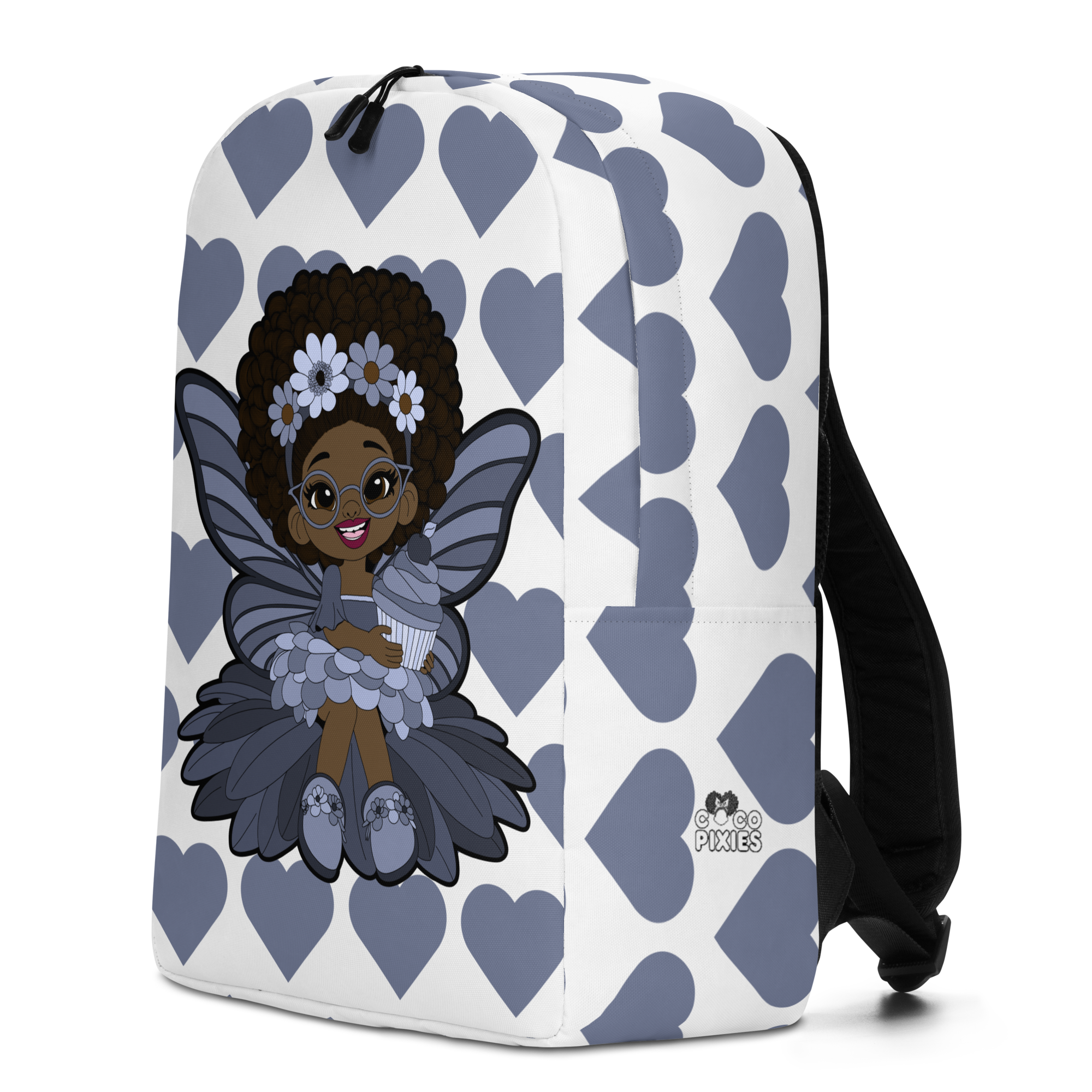 Bubbly Brooke Pixie Backpack by Coco Pixies with a Black girl pixie, cupcake and slate-blue signature heart pattern