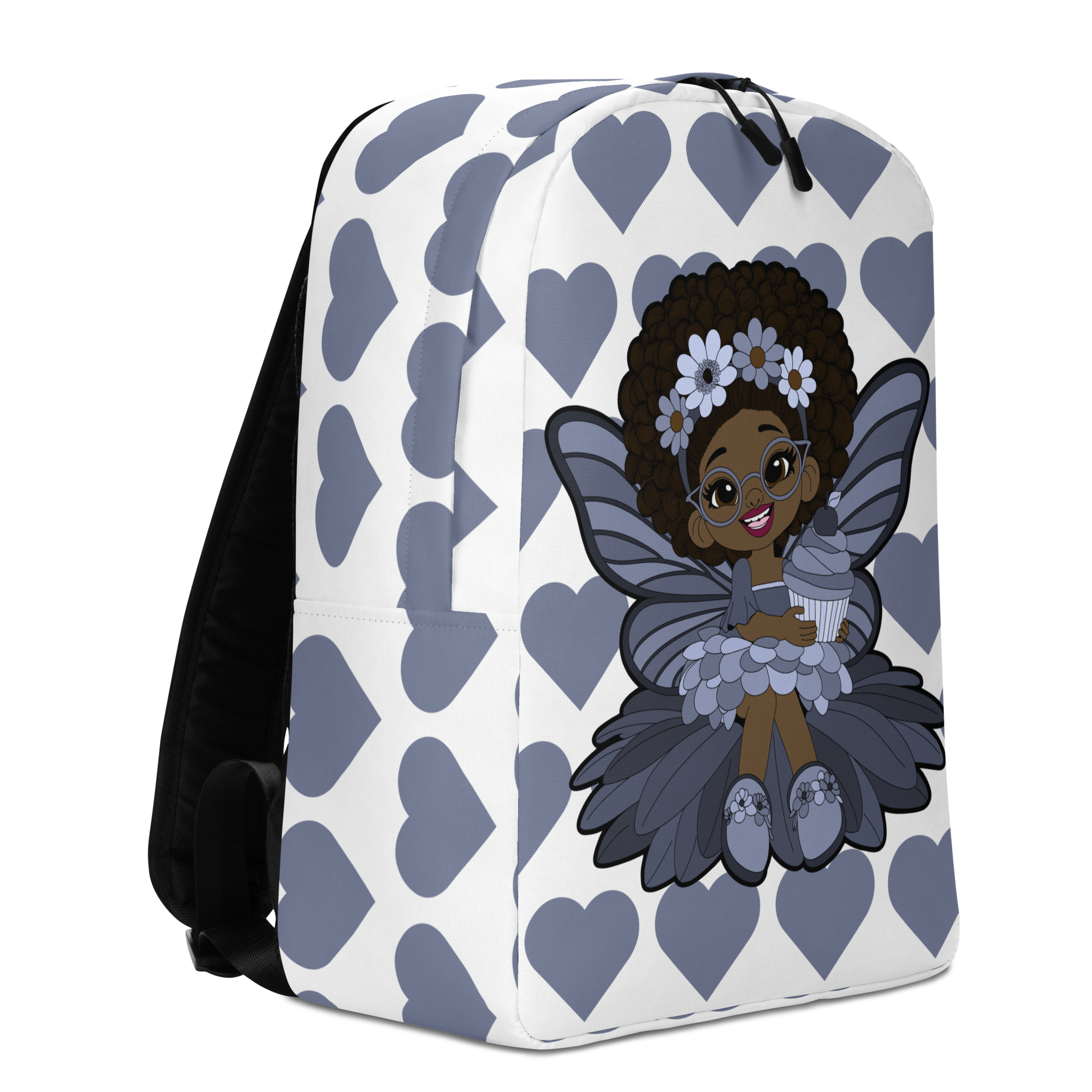 Bubbly Brooke Pixie Backpack by Coco Pixies with a Black girl pixie, cupcake and slate-blue signature heart pattern