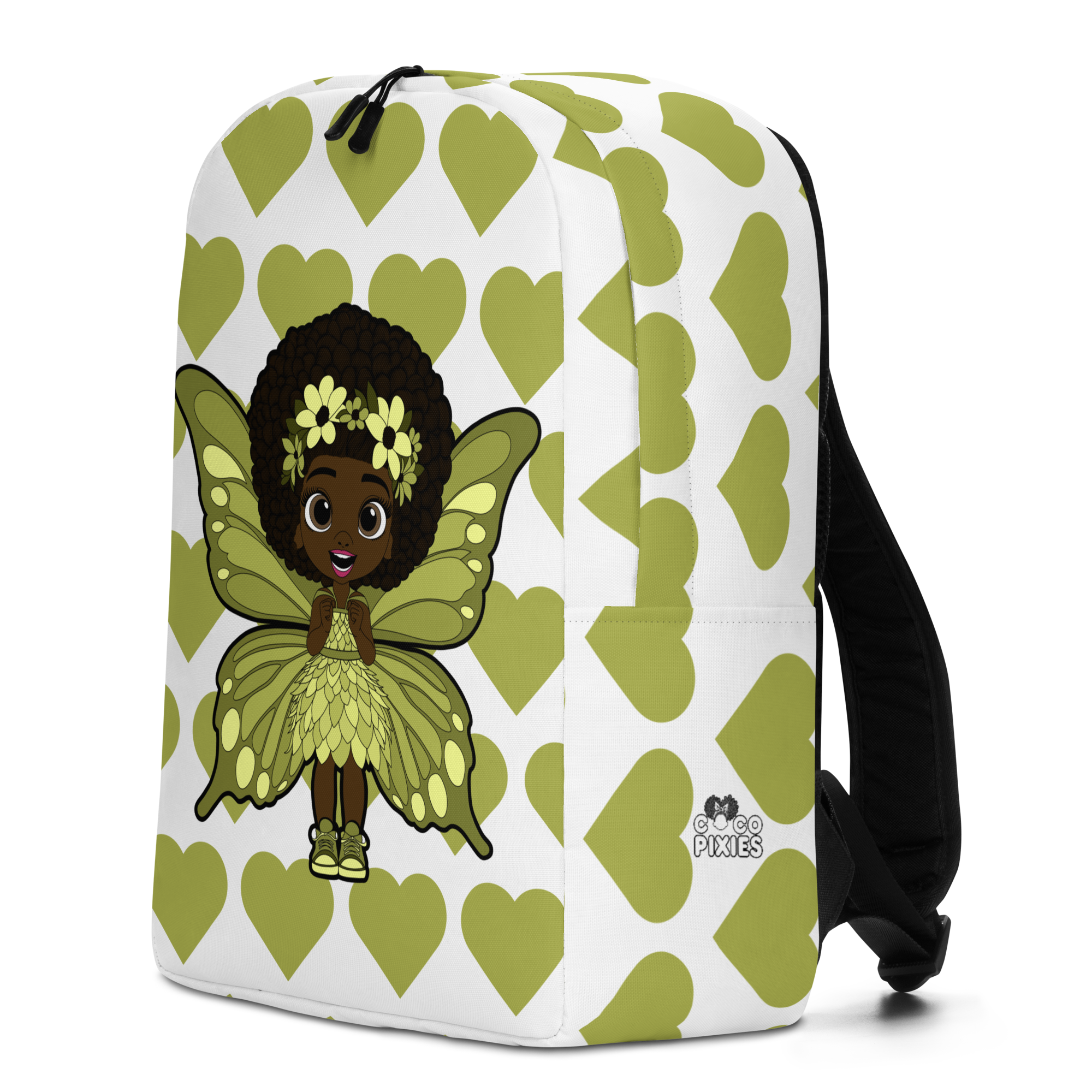 Cheerful Charlotte Pixie backpack featuring a Black girl pixie with green wings on the Coco Pixies signature heart pattern.