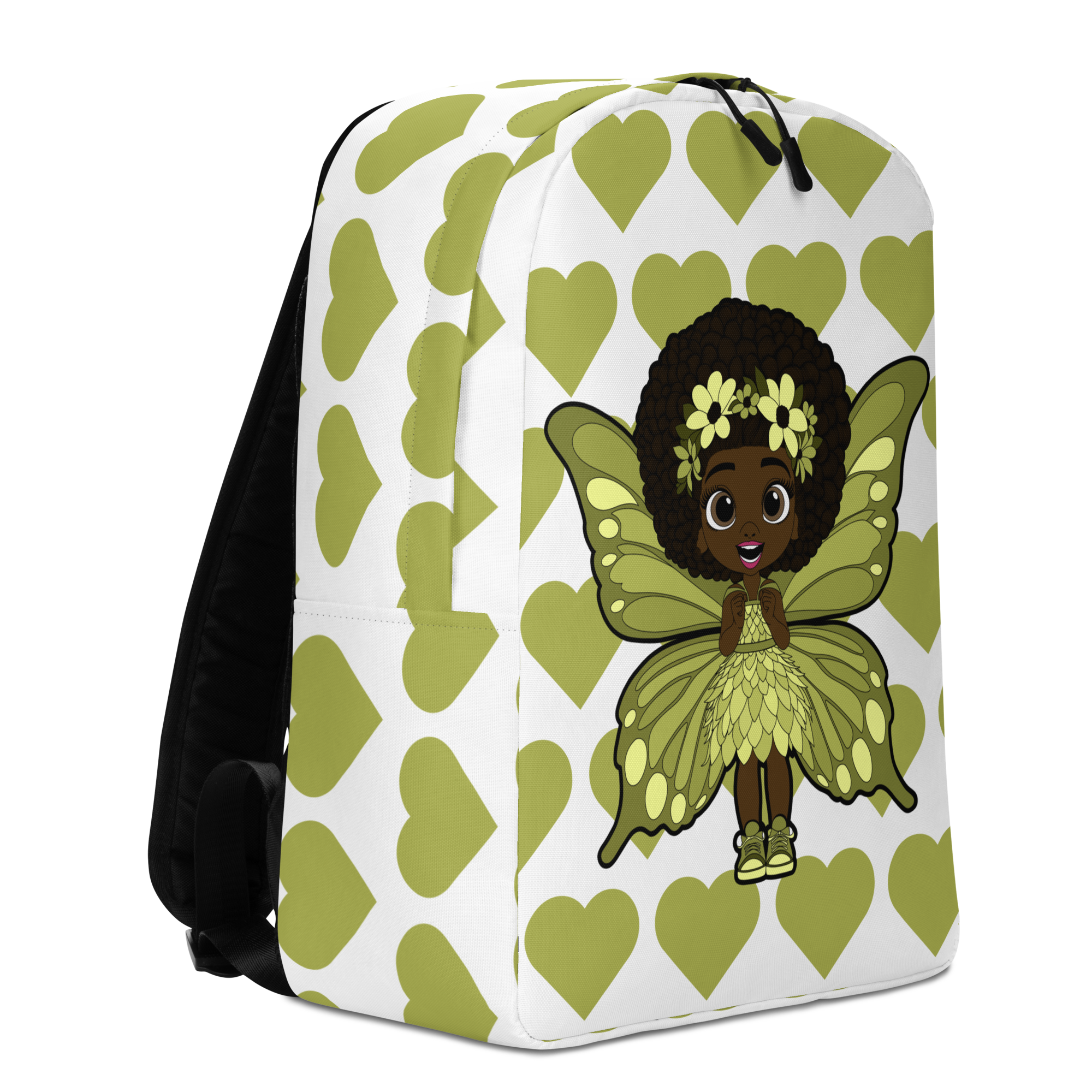 Cheerful Charlotte Pixie backpack featuring a Black girl pixie with green wings on the Coco Pixies signature heart pattern.