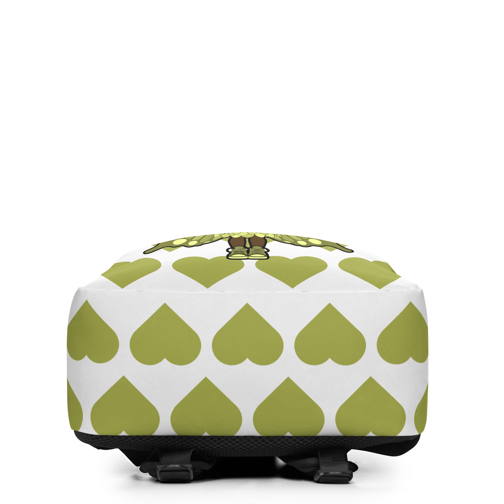 Cheerful Charlotte Pixie backpack featuring a Black girl pixie with green wings on the Coco Pixies signature heart pattern.